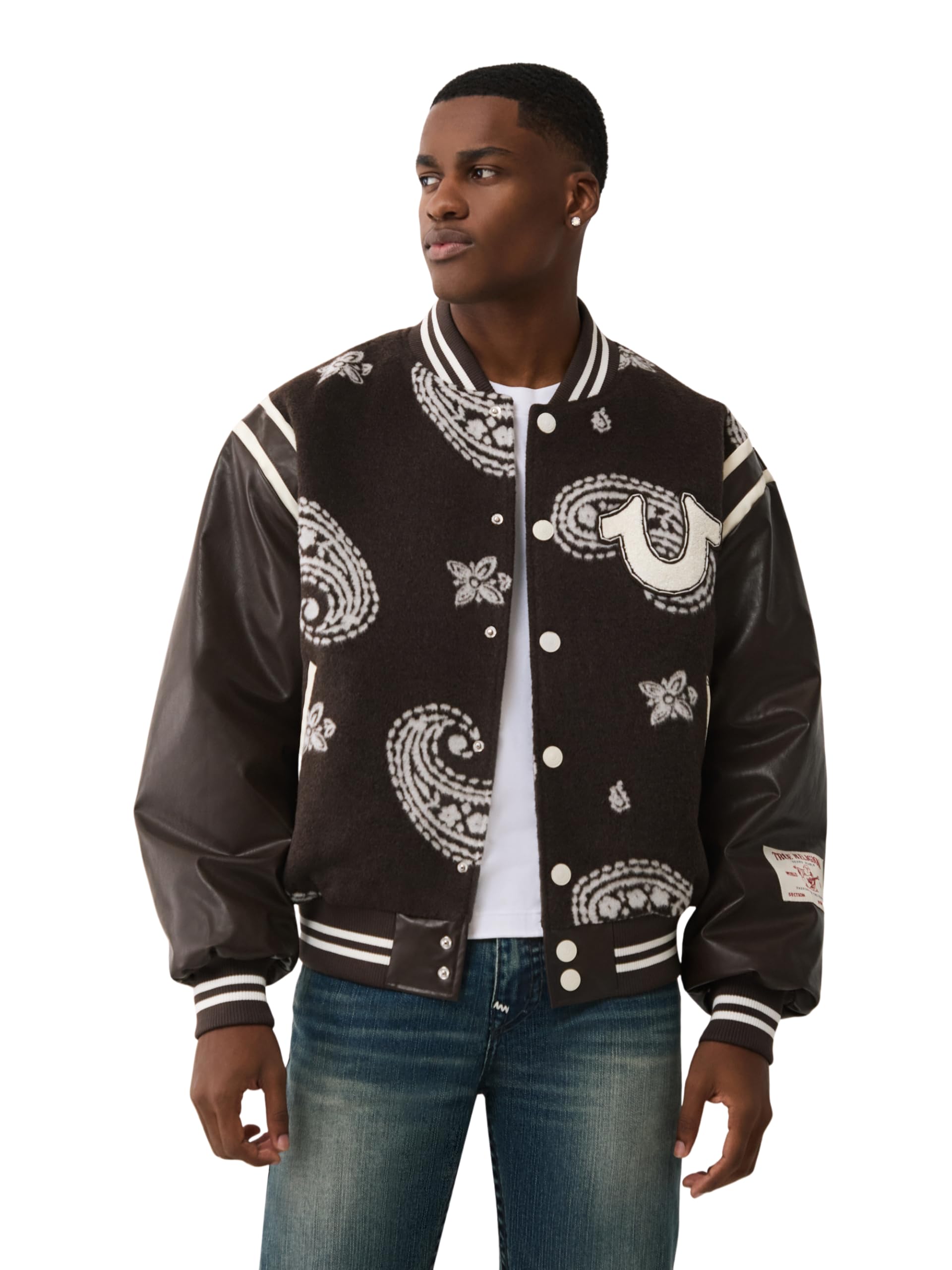 True Religion Men's Wool Retro Varsity Jacket – Classic Letterman Bomber with Logo Patches, Dark Brown/Winter White, S