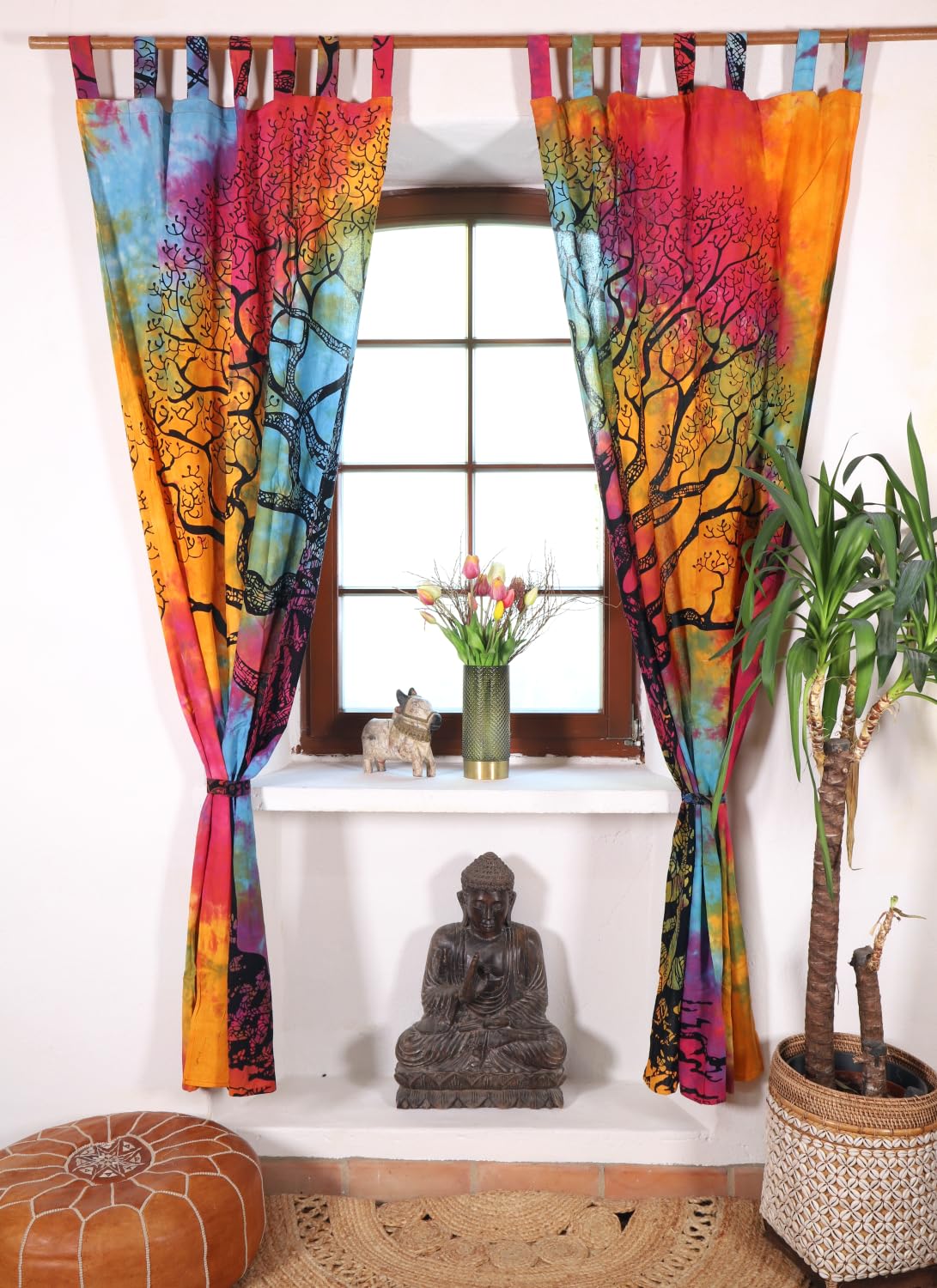 Boho Vorhänge, Gardine mit Schlaufen, handbedruckter Lebensbaum, batik