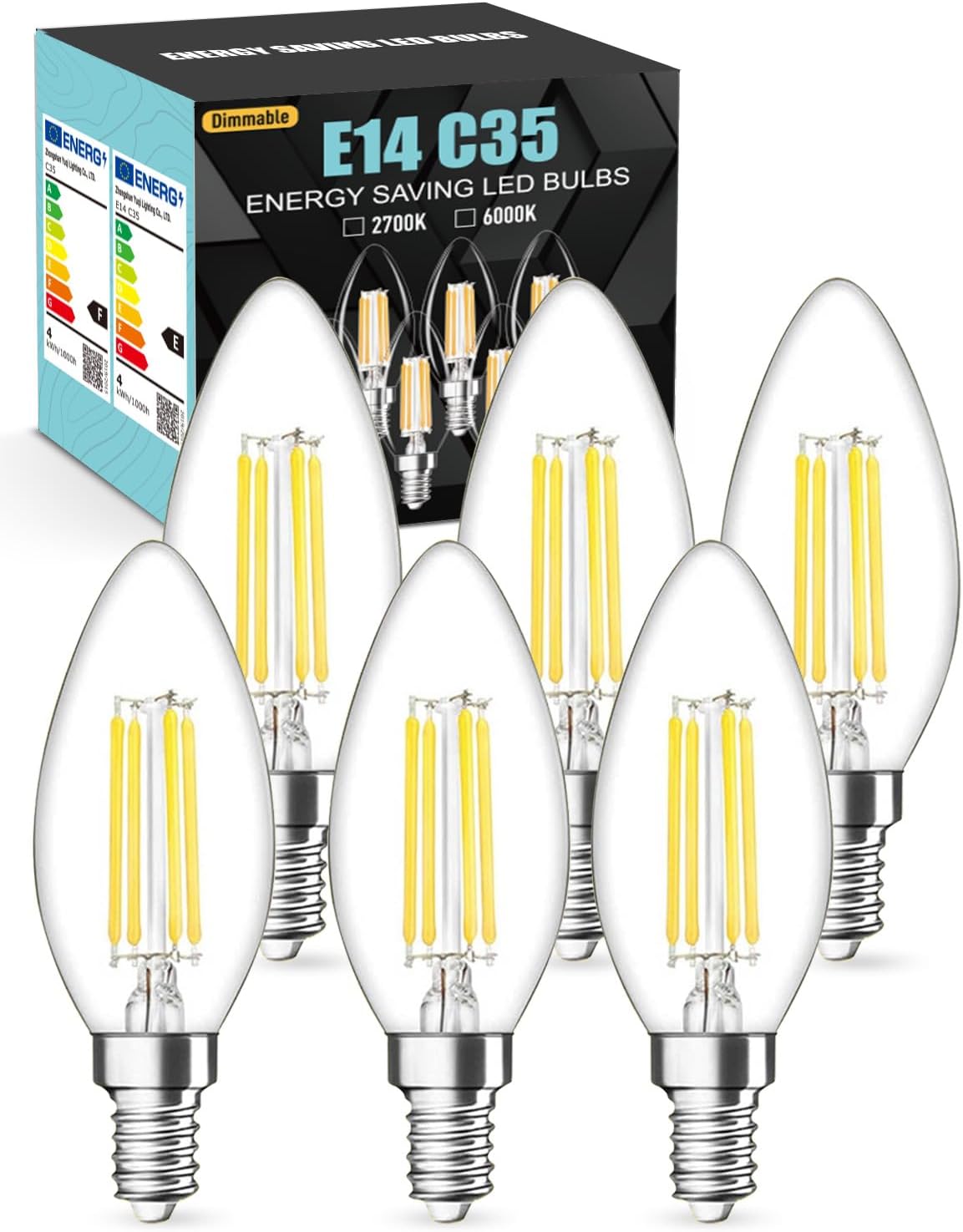 E14 LED Light Bulb Dimmable, 4W 550 Lumens E14 LED Light Bulb Cool White Dimmable 6000K, 40W Equivalent SES Small Edison Screw Light Bulbs, CRI 80 Candle Bulb, 6 Count