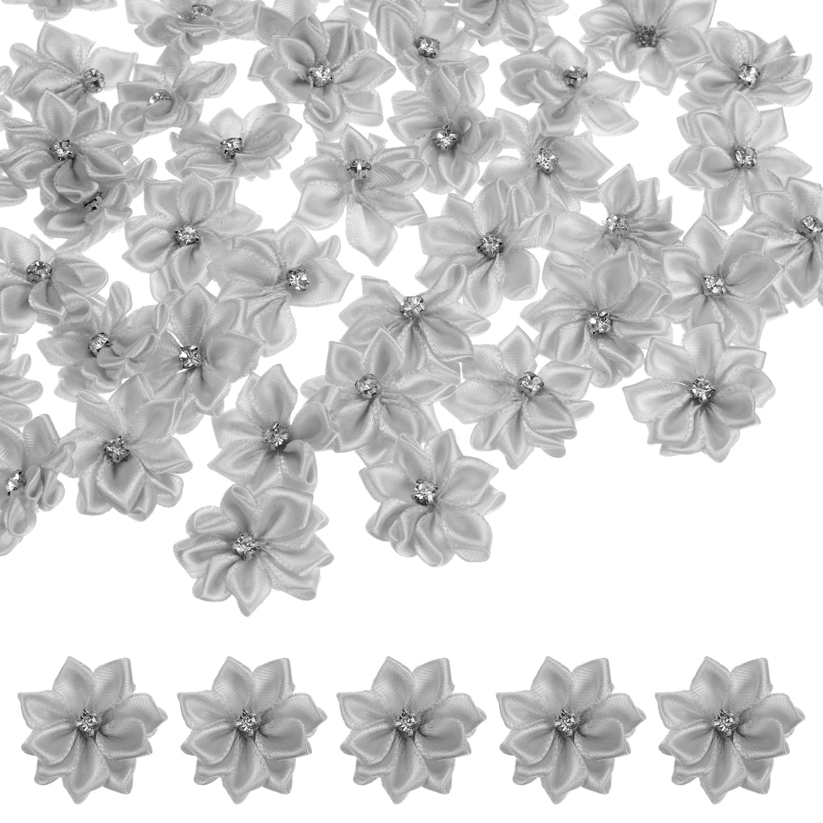 M METERXITY 200-Pack Satin Ribbon Flowers, 1.2 Inch Mini Fabric Flowers with Rhinestones Flower Ribbon Appliques for Crafts DIY/Wedding/Ornament/Party