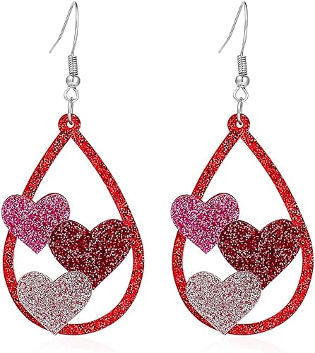 Miniatura 3 de Pingyongchang Aretes colgantes con diseño de insectos y gatos pingüino para el día de San Valentín con purpurina roja diseño de corazón gnomo