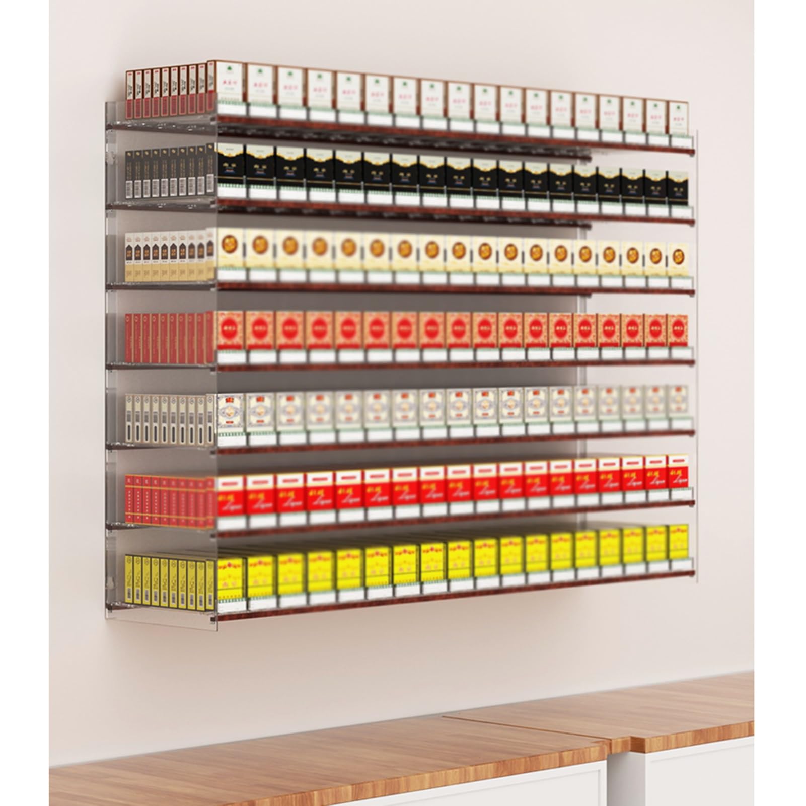 Présentoir à cigarettes mural transparent avec étagères de magasin de grande capacité