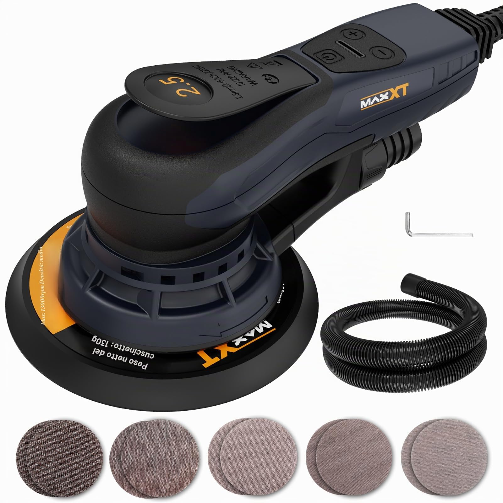 MAXXT 2,5mm Levigatrice orbitale, 350 W 6 Velocità Variabili 4000-10000 RPM levigatrice rotorbitale, senza spazzole, levigatrice elettrico utilizzata per la lucidatura del legno