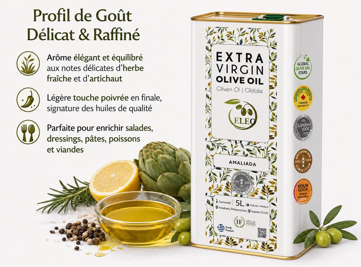 ELEO Amaliada - Huile d’Olive Bidon 5L Extra Viege - Pressée à Froid - 100% Olives Grecques Koroneiki - Qualité Supérieure - Riche en Antioxydants - Lauréat de Médailles Internationales