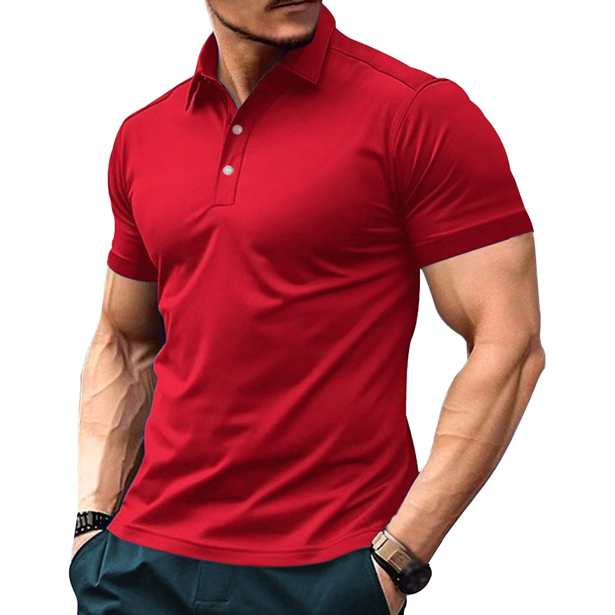 Men Lapel Collar Outdoor Sport Shirts Solid Thin Slim Fitness Polo Shirt Summer Simple Urban Style Pullover Tops (Red,Medium)