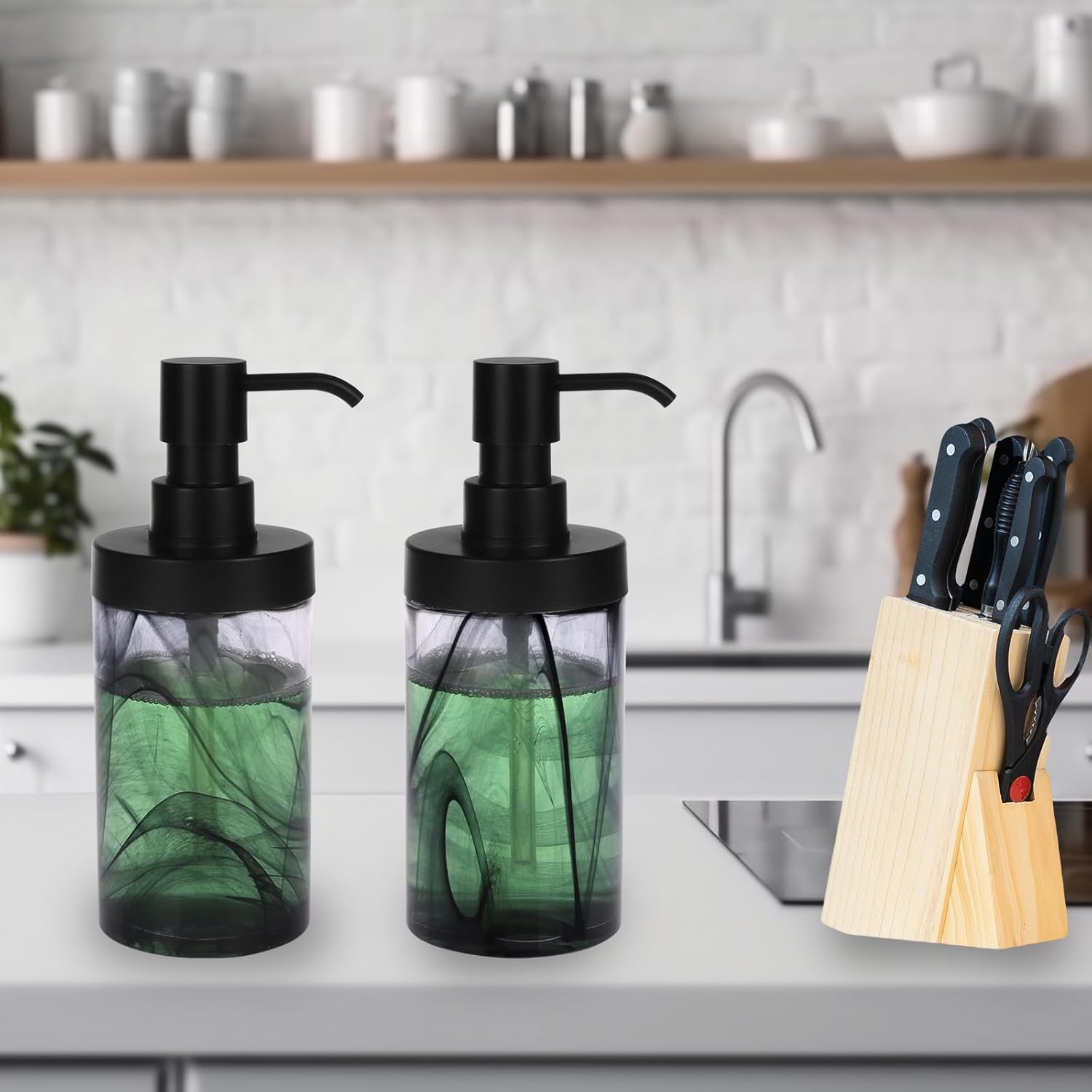 2 Pcs Lotion Dispenser,12.5 Oz Black Moire Wide Open Glass Hand Soap Dispenser for Bathroom & Kitchen, Dish Soap Dispenser with Easy-to-Press Pump and Waterproof Labels