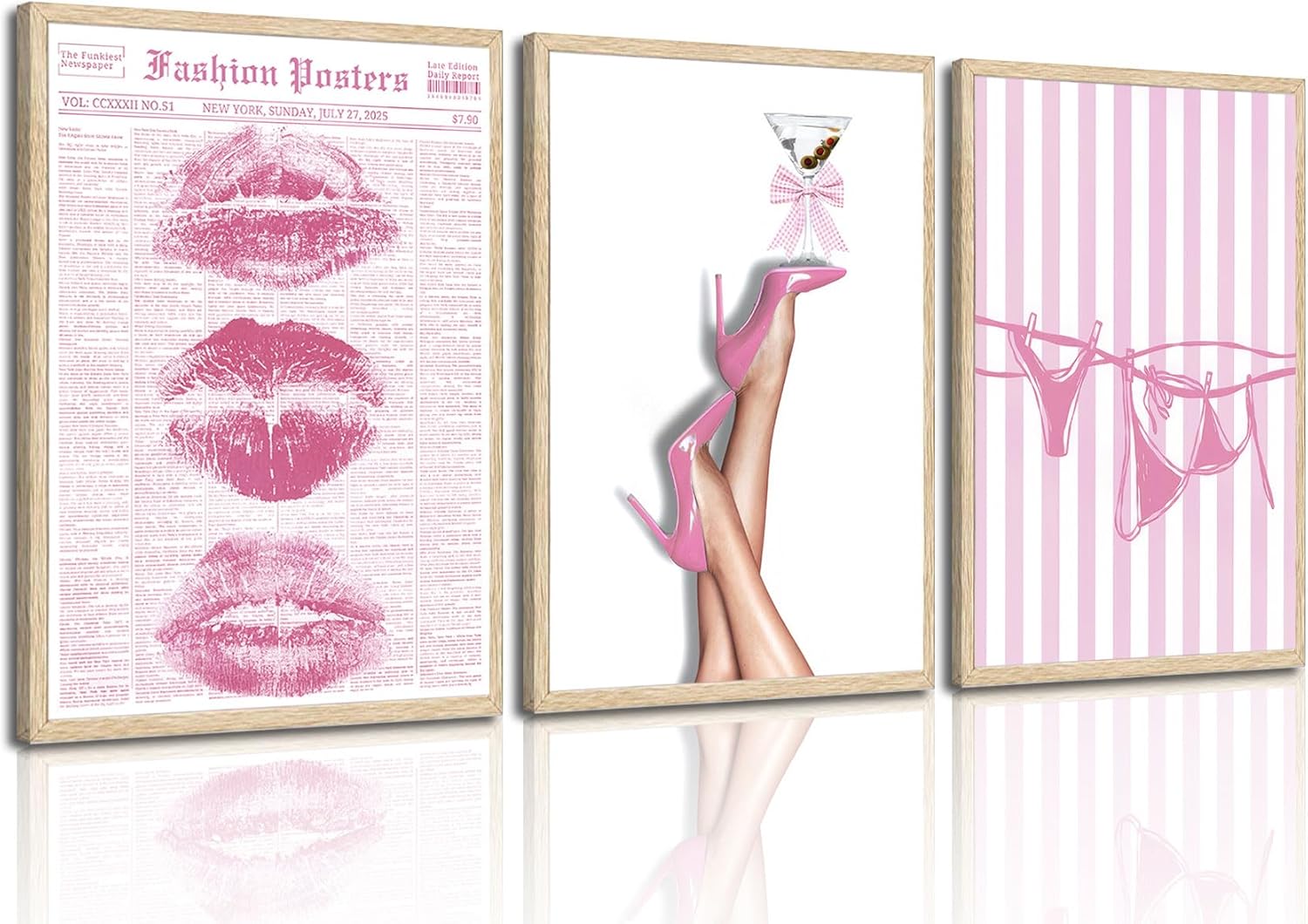 3Pcs Trendy Coquette Wall Art Pink Lips Bikini & Bow Heels Wall Decor Pictures Vintage Martini Newspapaer Canvas Posters Prints for Y2K Girly Room Dorm Apartment Preppy Aesthetic Decor 16x24in