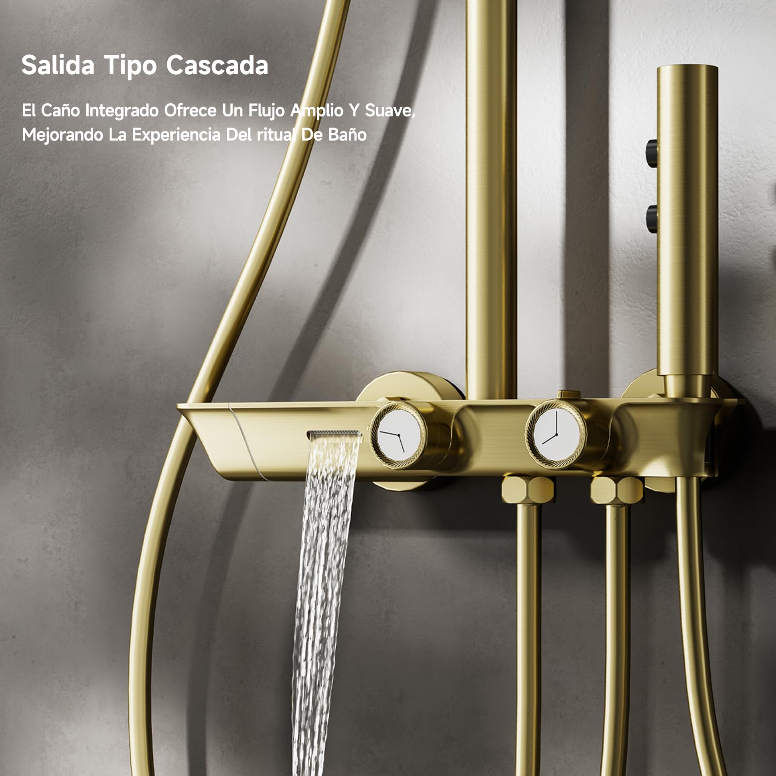 Columna Ducha, Columna de Ducha Termostática 4 en 1 Oro Cepillado | Cabezal de ducha de lluvia grande de 320 × 220 mm, columna ducha con grifo, accesorios de ducha completos, ajustable 360°