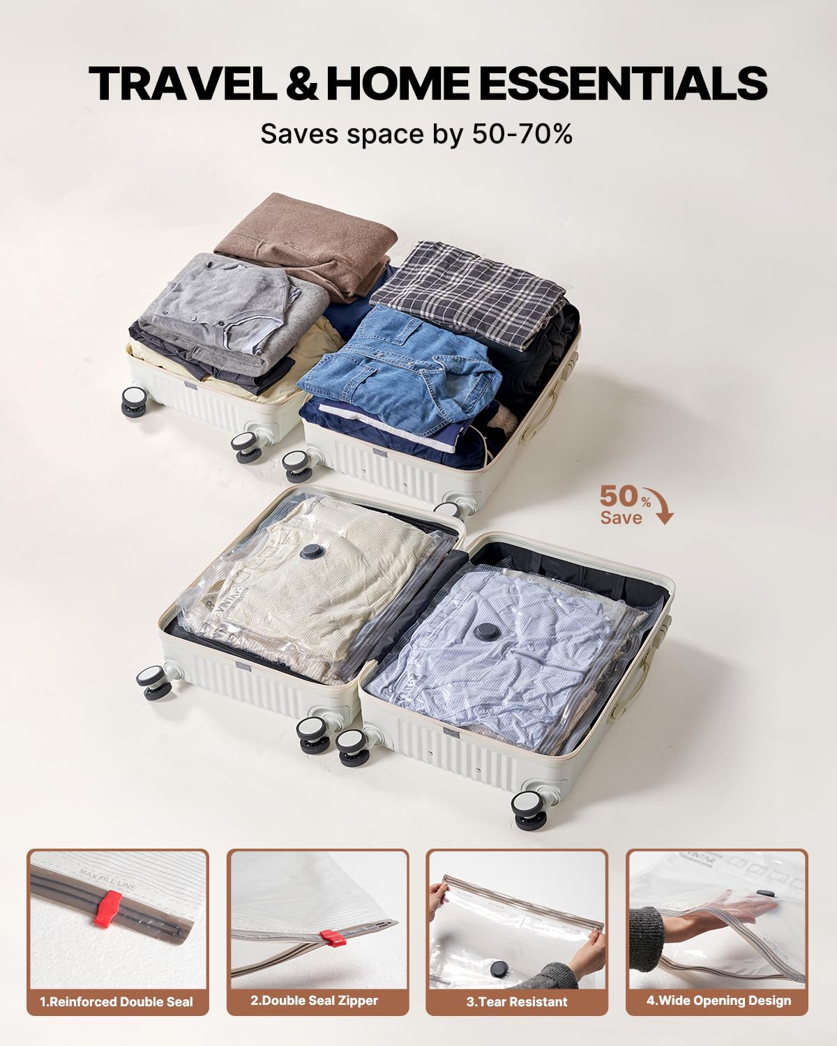 VINTAR - Bolsas de sellado al vacío para ropa de viaje, paquete de 24 bolsas de almacenamiento al vacío con bomba inalámbrica recargable, bolsas de ahorro de espacio (6 jumbo, 6 grandes, 6 medianas y