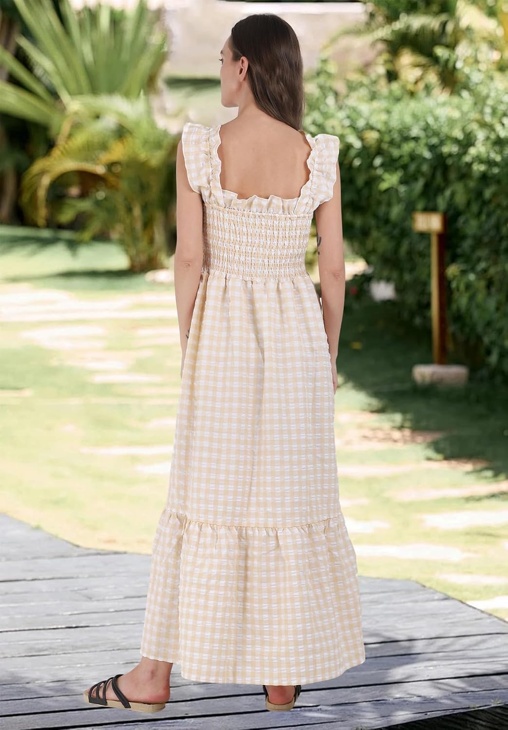 ebossy Women's Fashion Plaid Dress Sleeveless Smocked Ruffle Pleated Boho Party Beach Gingham Maxi Dresses