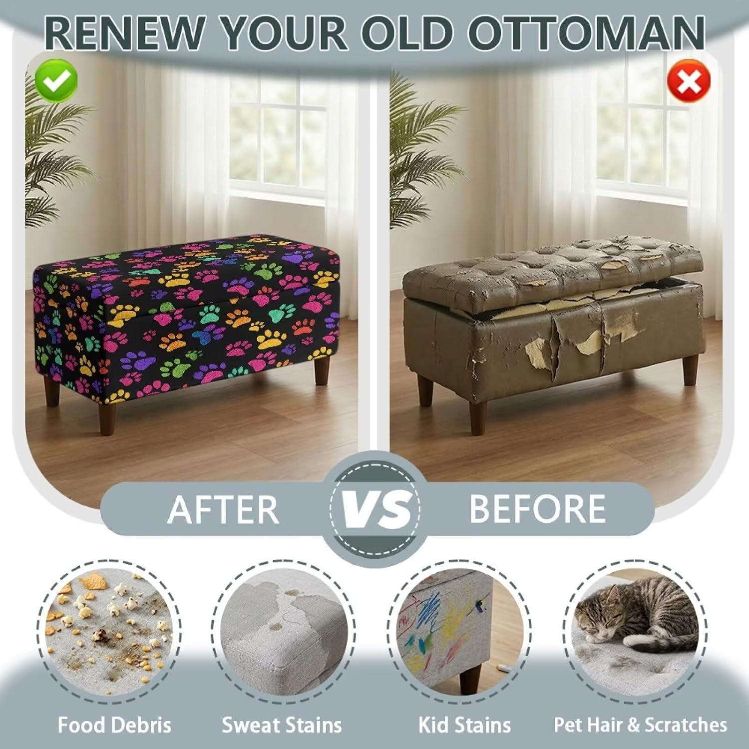 Colorful Dog Paw Print Rectangle Ottoman Cover Folding Storage Ottoman Bench Slipcovers Footrest Stool Covers Washable Footstool Protector Cover with Elastic Bottom, Large