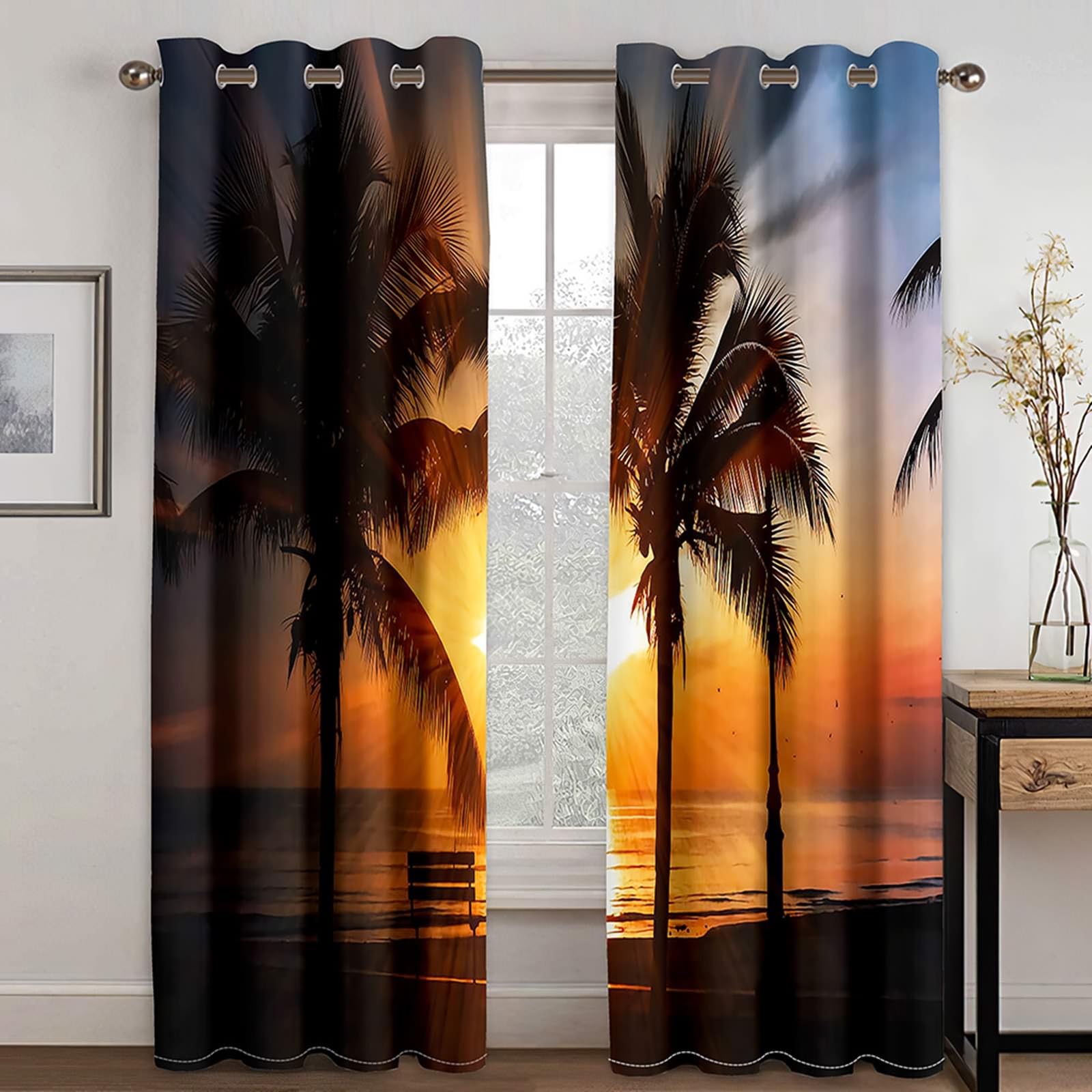 Vorhänge mit Ösen Blickdicht, Verdunklungsvorhänge Sonnenuntergang Kokospalme Landschaft 2er Set H 138 x B 96 cm Wohnzimmer Gardinen