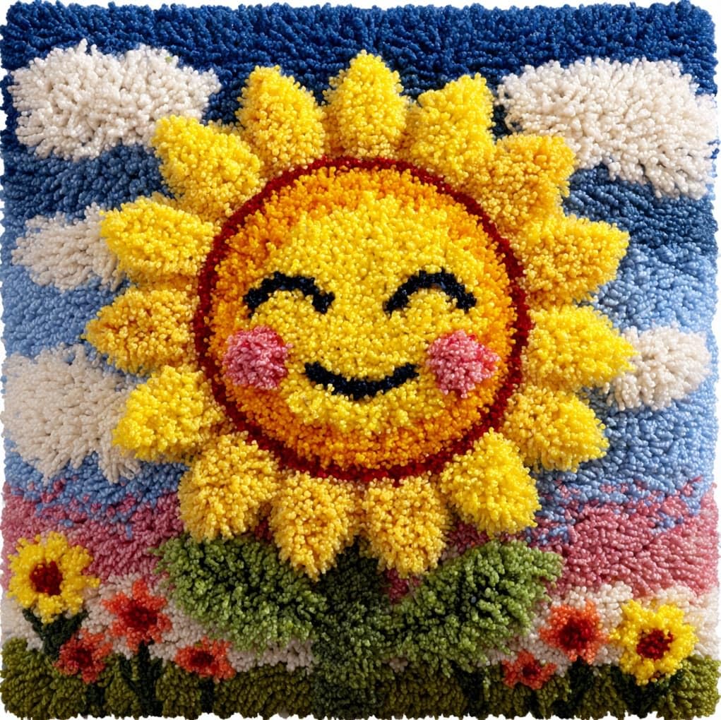 WallustrioaW Latch Hook Pillowcase Kits,Smiling Sunflower,Needlework DIY Cushion Cover Hook and Latch Kit Christmas Home Crafts Sofa Decoration,17x17in