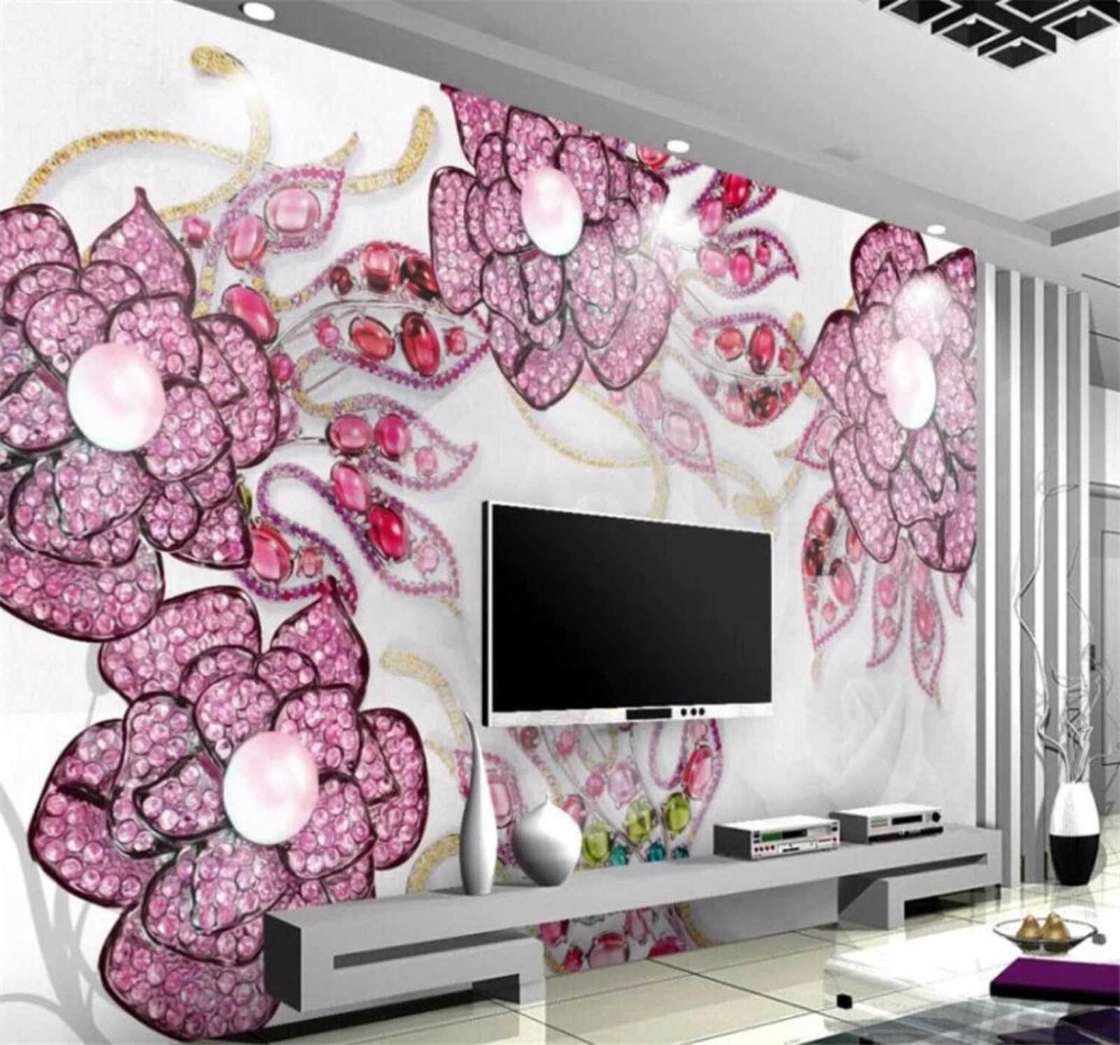 Xlming 400Cm×280Cm(B×H) Affordable Luxury Opulent Relief Diamonds Flowers 3D Wallpaper Luxury Silk Study Dining Feature Sofa Grey Bedroom Living Room Tv Decorative Wall-400Cm×280Cm