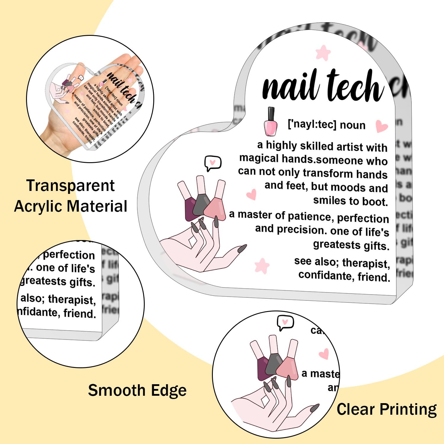 Nail Tech Gift for Women Men,Inspirational Gifts for Women,Thank You Gifts for Nail Tech,Heart Shaped Acrylic Desk Decorative Sign for Home Office,Birthday Thank You Gifts