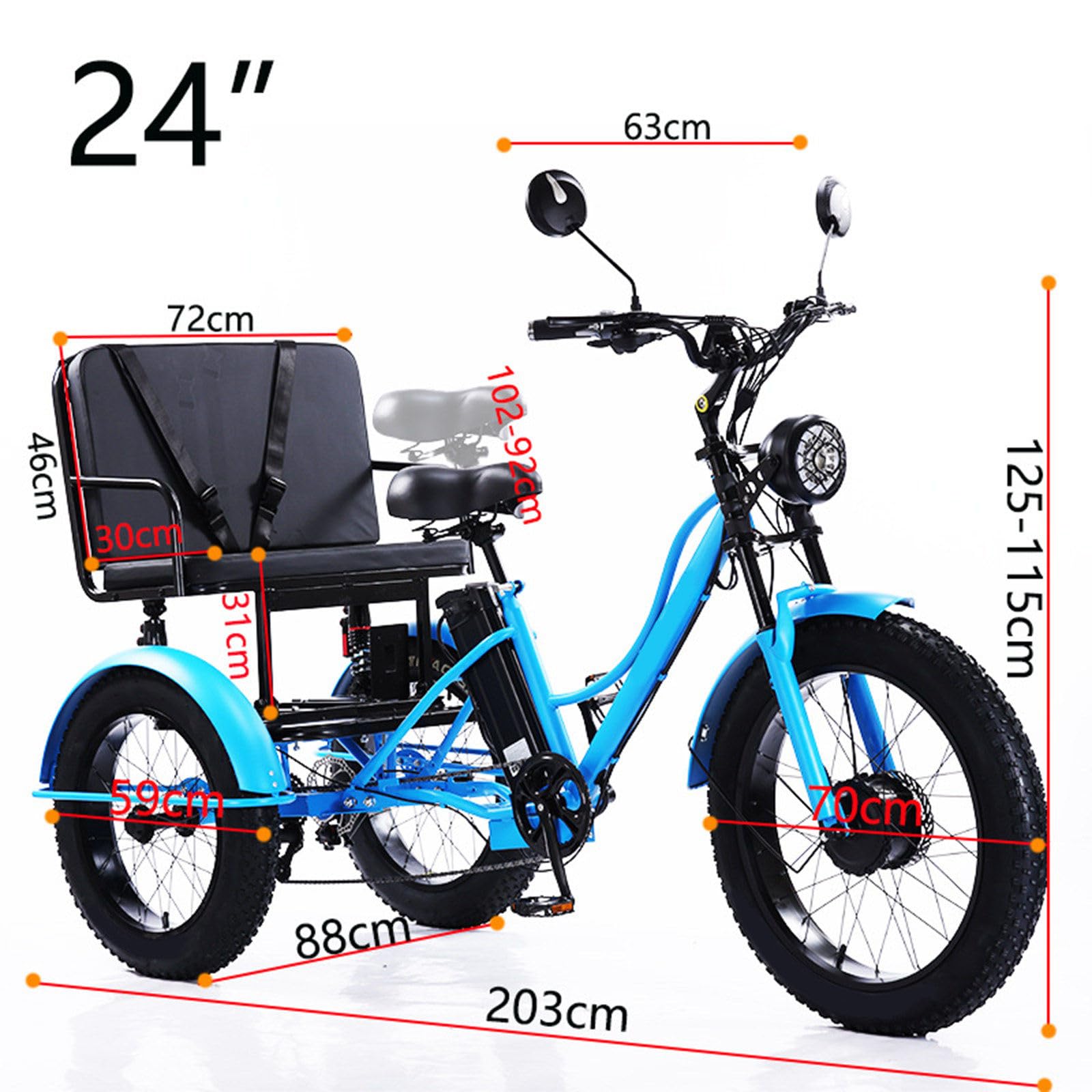 Triciclo Eléctrico De 24 Pulgadas Con Neumáticos Anchos Y Asiento Para Pasajero, 48 V/18 Ah Electric Tricycle, Carga MáXima: 150 Kg, Pantalla Lcd Y Faro Delantero, Para Ciudad Y MontañA. Black