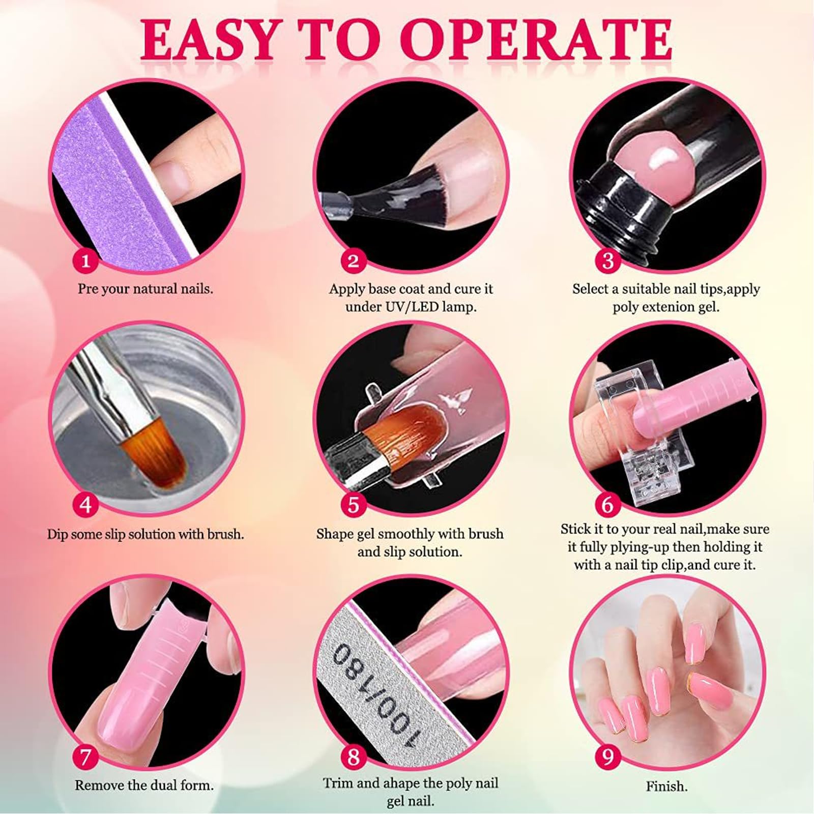 Gel costruttore Polygel for estensione unghie in gel - Rosa, bianco, trasparente con cartine rimovibili - Kit for nail art 3D for principianti