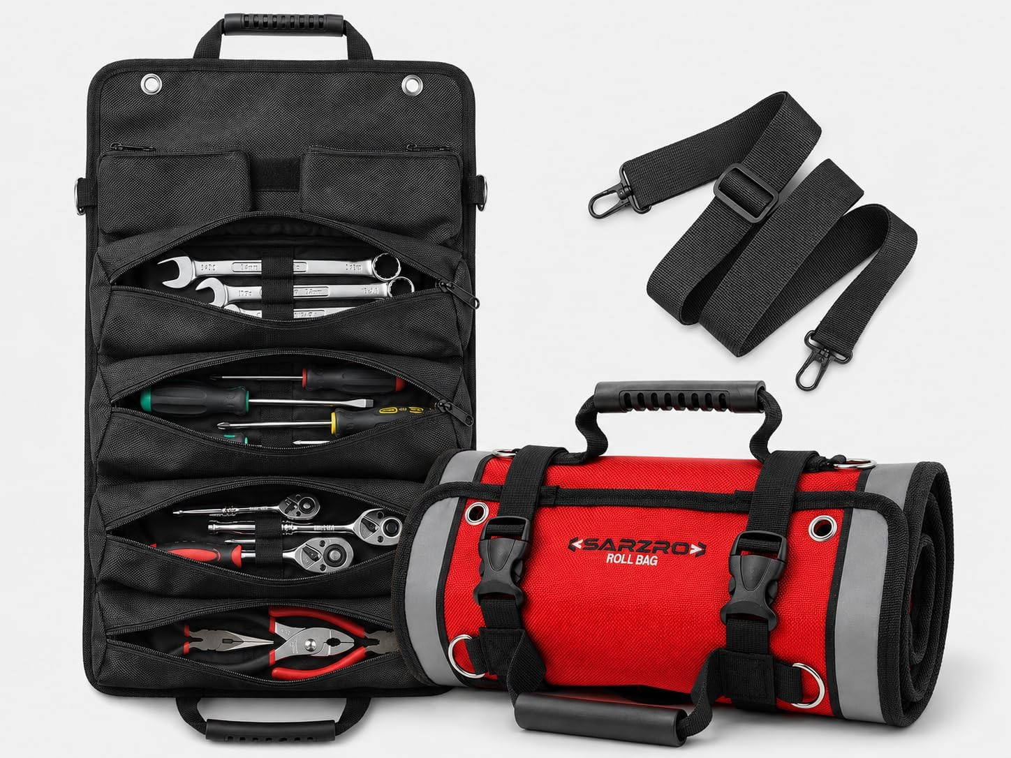 Roll Up Tool Bag Organizer, Folding tool bag, 1680D Polyester Tool Pouch with Reflective Strips. Zipper Compartments and Outer Pockets, Red Black
