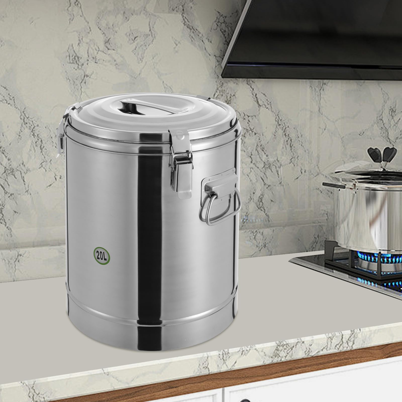 Contenitore termico da 20 l, in acciaio inox, con coperchio e maniglie, secchio isolato professionale per mense scolastiche, hotel, ristoranti