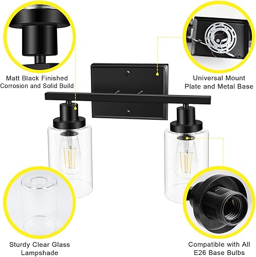 Miniatura 6 de Ascher 2 luces de pared, lámpara de tocador moderna con acabado negro, luz de pared con pantalla de vidrio transparente para espejo, pasillo