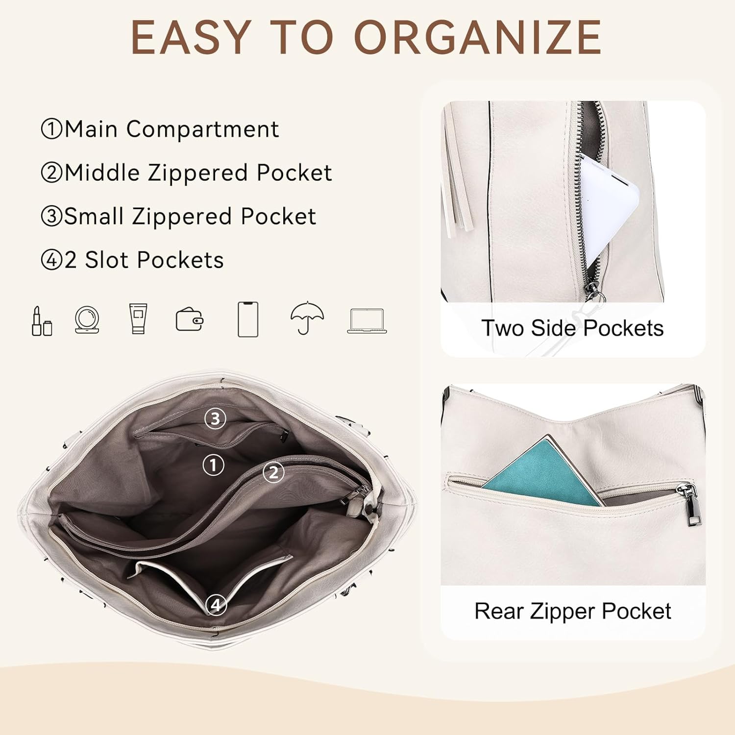 VASCHY Hobo Bag for Women, Leather Tote Bag Purse with Zipper Guitar Strap - Image 3