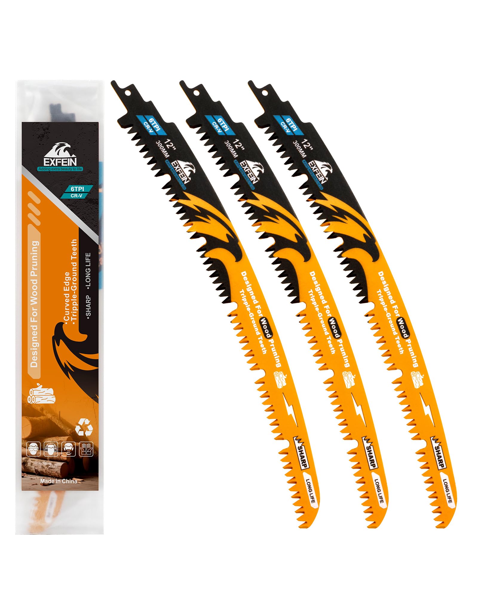 EXFEIN Japanese Teeth Reciprocating Saw Blades 300mm, Arc Edge Wood Pruning Saw Blades 6TPI for Tree Trimming, Wood Cutting, 3 Pieces