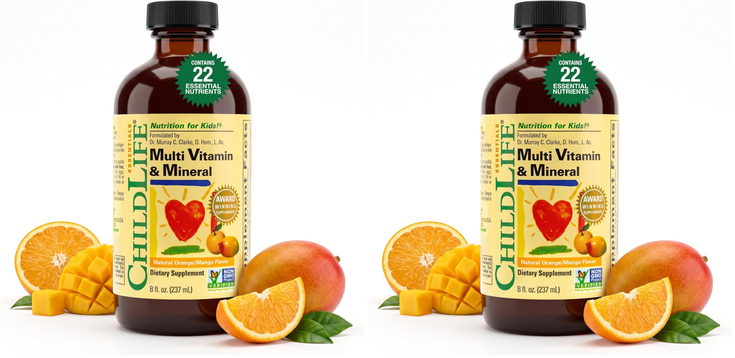 CHILDLIFE ESSENTIALS, Kids Liquid Multivitamin and Mineral Supplement - Liquid Vitamins for Kids, All-Natural, Gluten-Free, Non-GMO - Natural Orange &amp; Mango Flavor, 8 Ounce Bottle (Pack of 2)