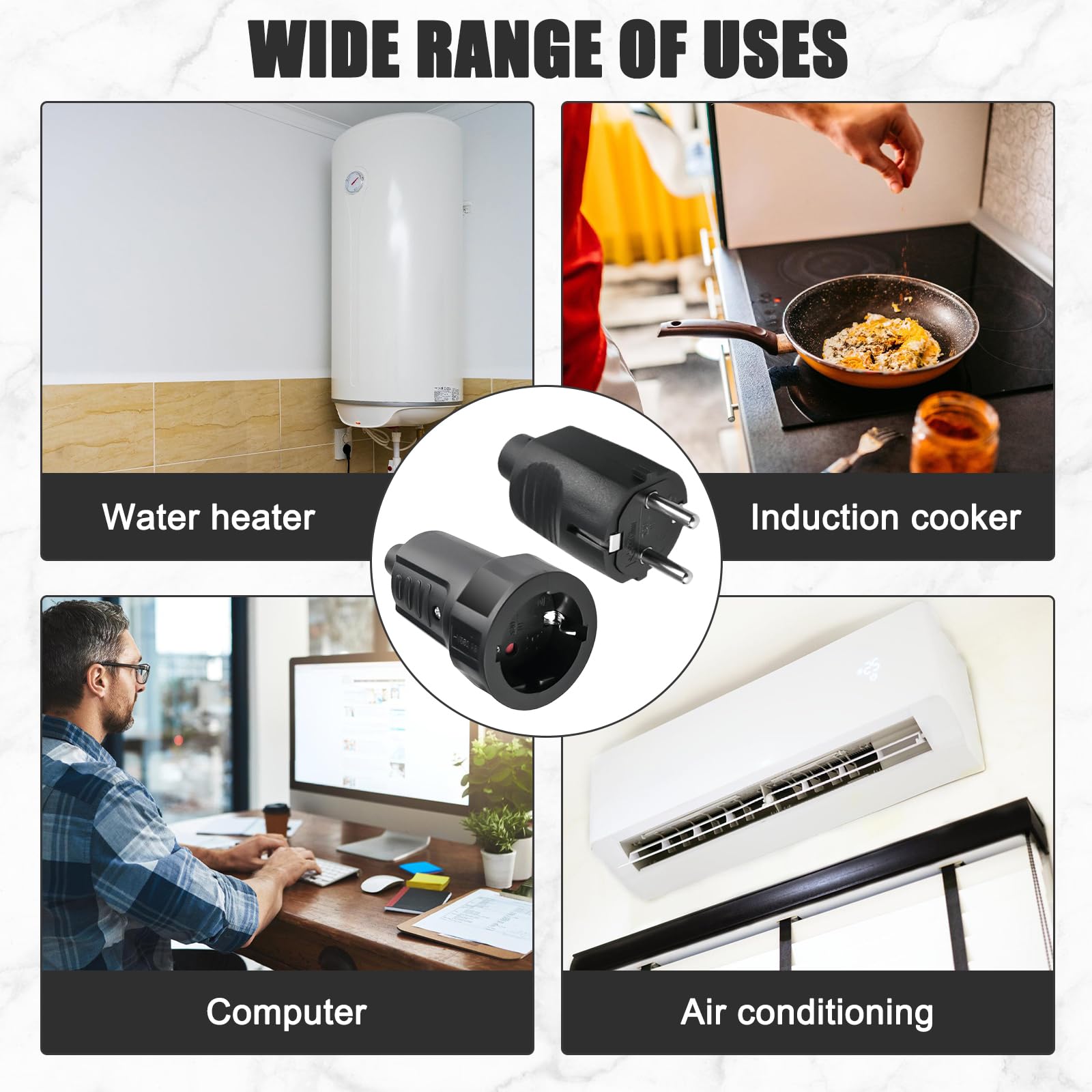 Lot de 3 paires de fiches Schuko 250V 16A IP44 en caoutchouc avec protection anti-torsion noir