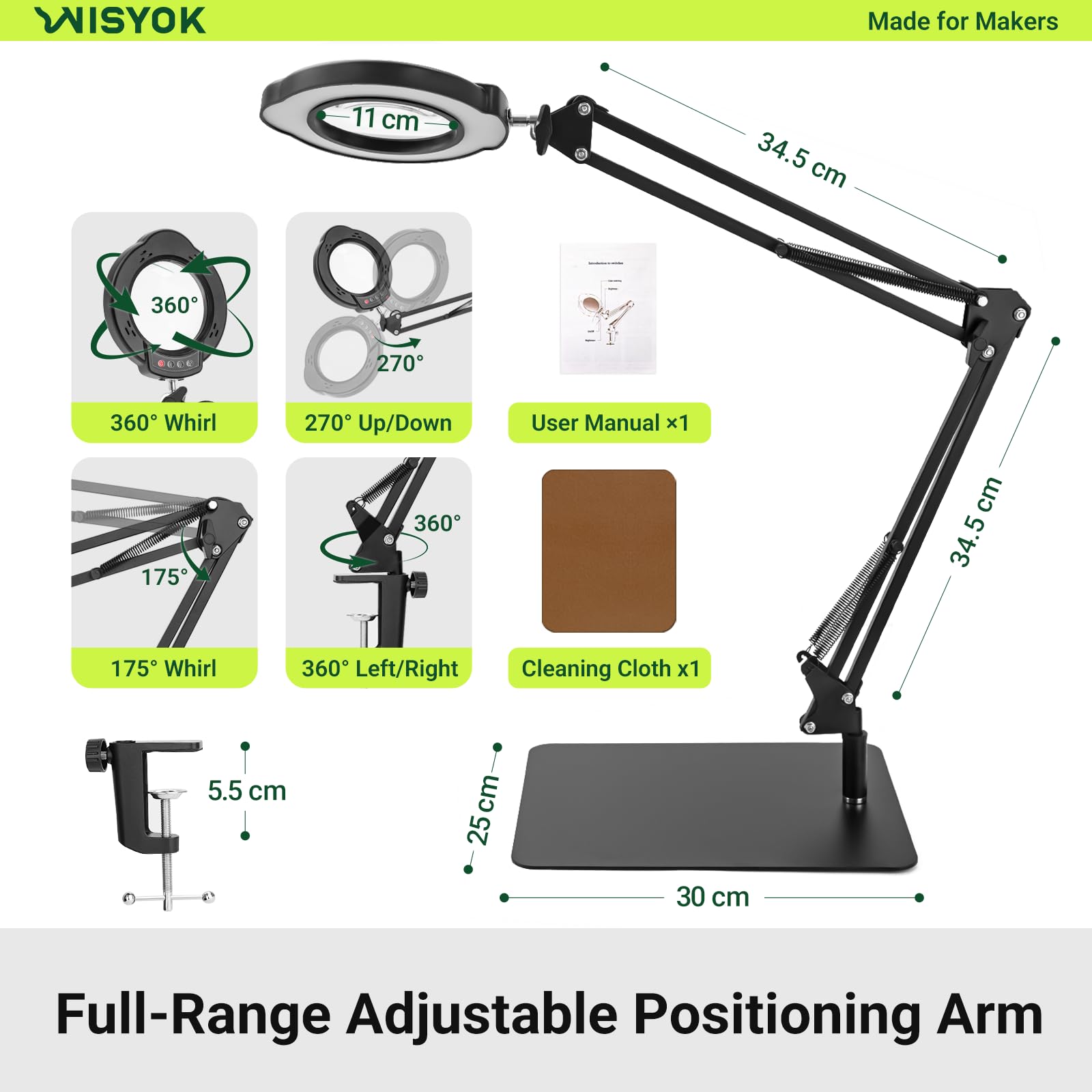 WISYOK Lupe mit Licht und Ständer, 10x LED Lupenleuchte mit Groß Schwenkarm, 5 Farbmodi 10 Stufenlos Dimmbare, 2in1 Lupenlampe mit Klemme und Basis, Leselupe für Senioren, Tischlupe, Sehbehinderte