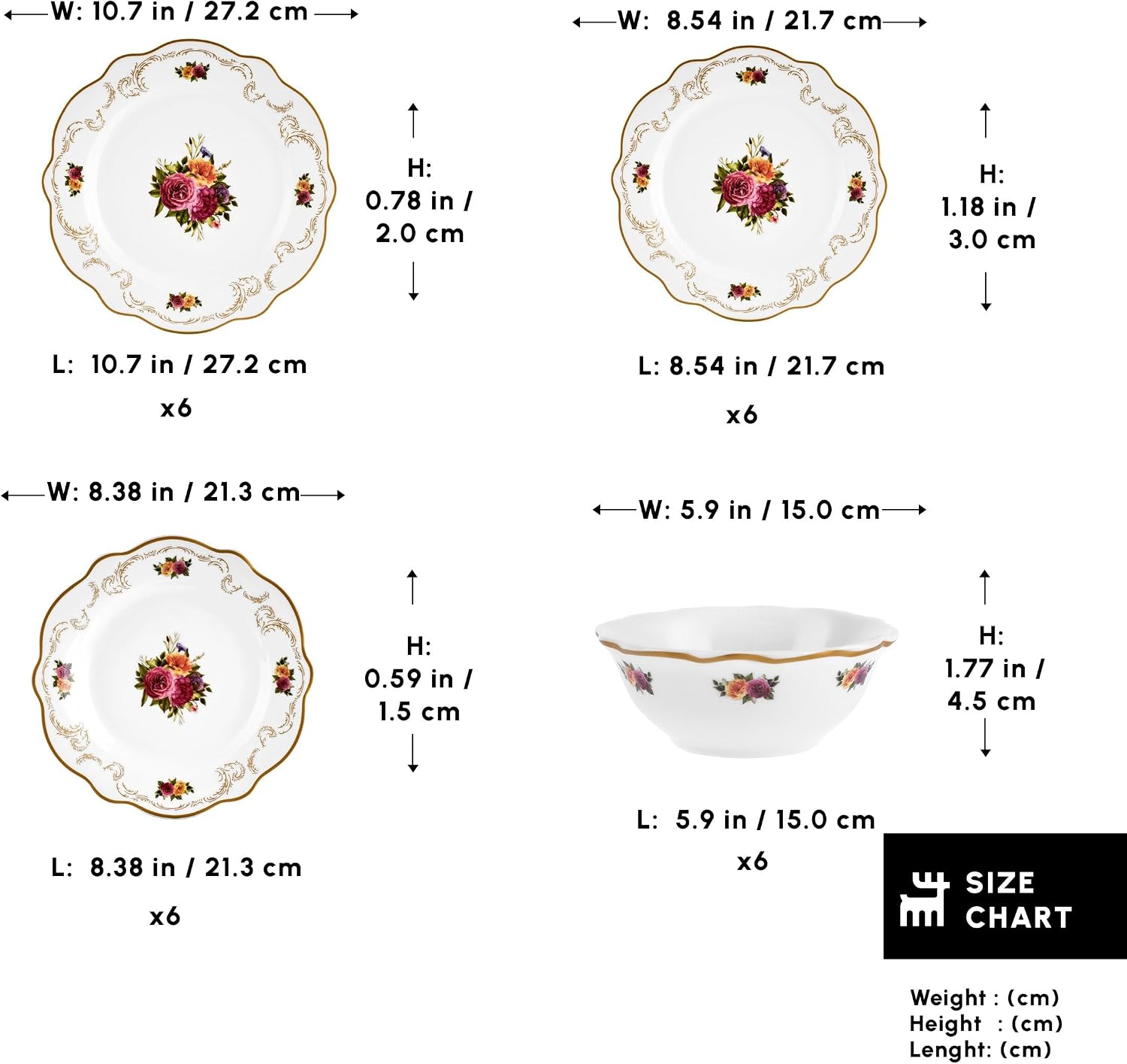 Karaca Forever Bone China Antique 24-Piece Dinner Set for 6 People, Multicolor Floral Dinnerware Set, Lightweight Fine China Plates and Bowls, Microwave and Dishwasher Safe Tableware
