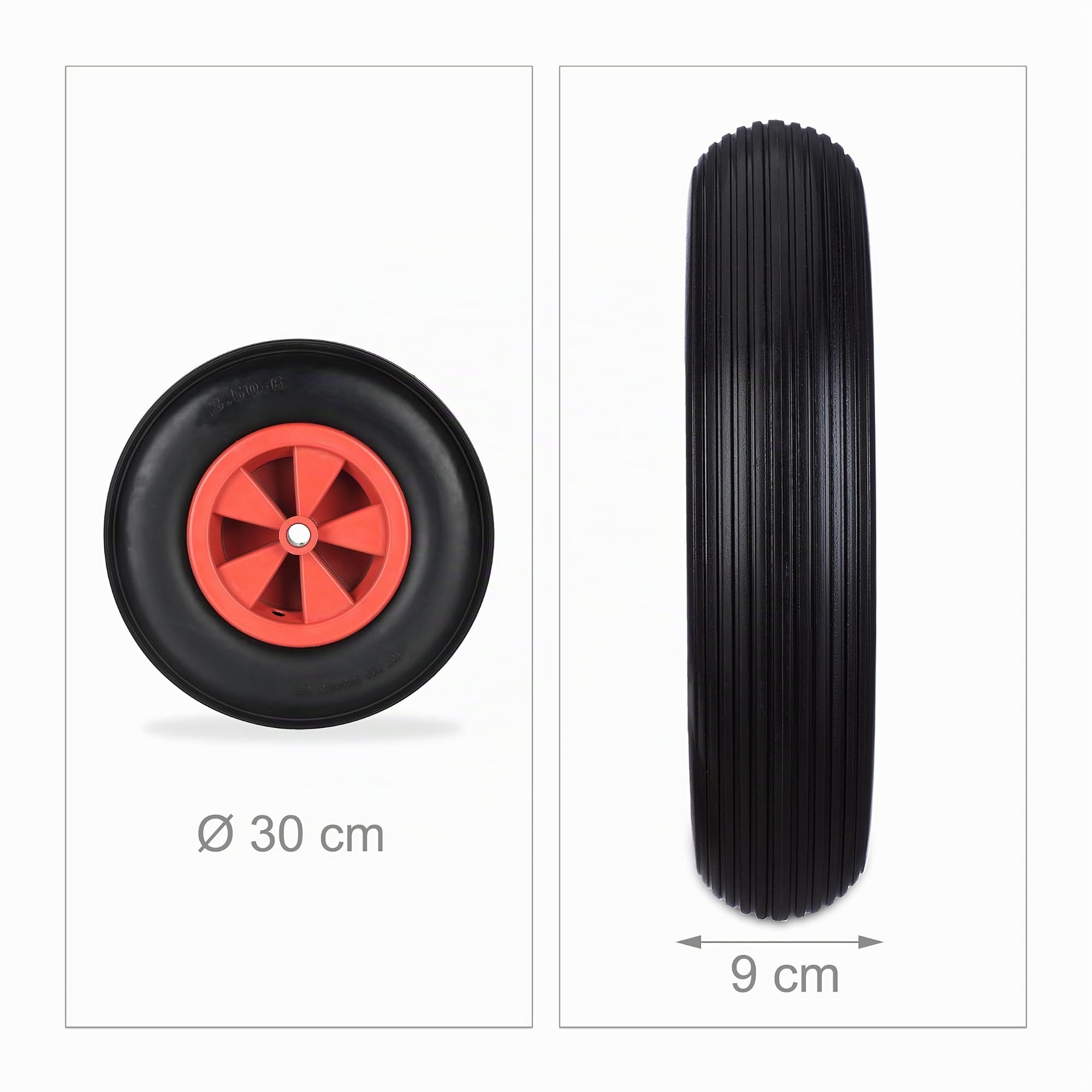 Relaxdays Roue de brouette 3.50-6, Pneu en Caoutchouc, Jante Plastique PP, increvable, Charge Max. 100 kg, Rouge et Noir