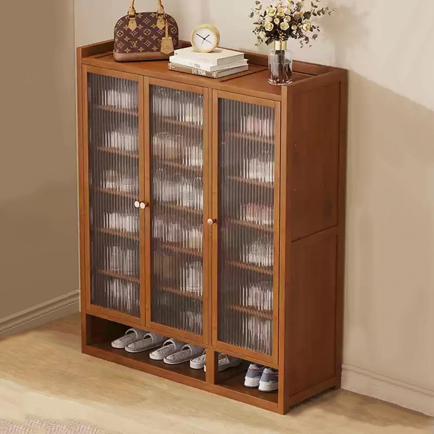uofgcru Bamboo shoe storage,8 Tiers Shoe Storage Cabinet Organiser,3 Door Entryway Cabinet Wooden Shoe Rack, Modern Shoe Cupboard For Entryway, Livingroom Brown