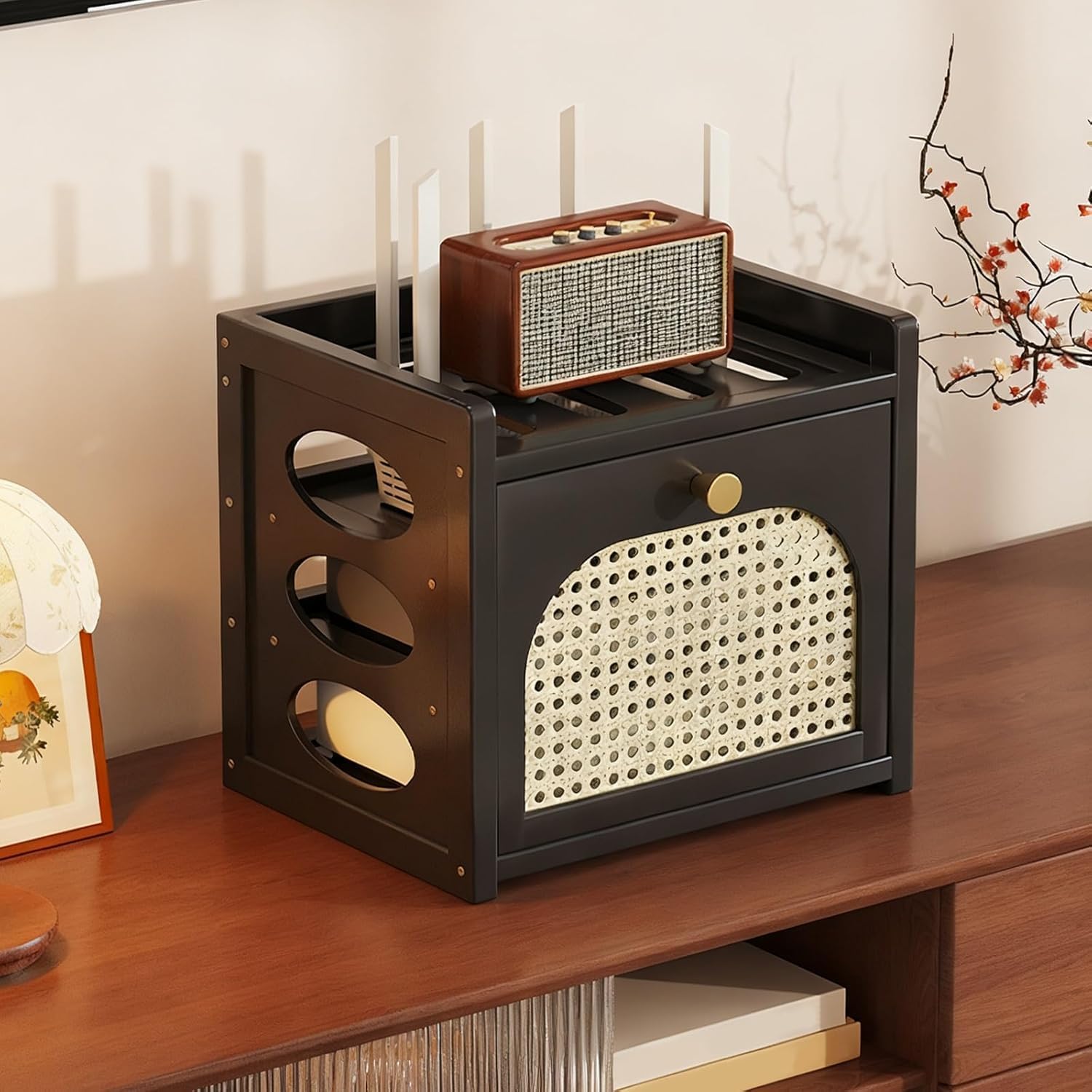 WiFi Router Hidden Box, Router Storage Cabinet Shelf Organizer for Modem, Cable Box, Accessories, with Cable Management, Hollow Decorative Hider for Power Strip(15.9x7.9x11in, Black)