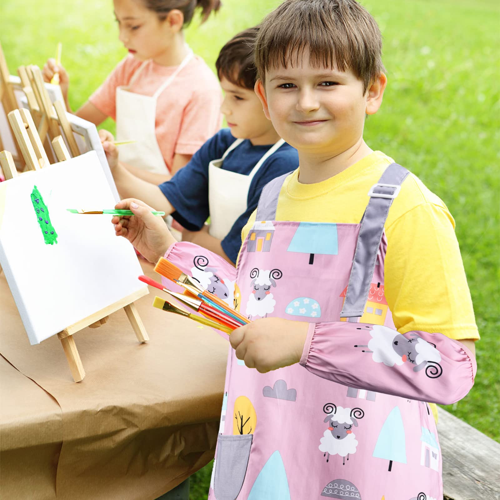colmanda Delantal para Niñas Niños, Impermeable Delantal Niños Pintura Infantil Delantal con Bolsillos y Mangas, Ajustable Delantales de Artista Infantil para Hornear, Pintura, Artesanía, Cocina
