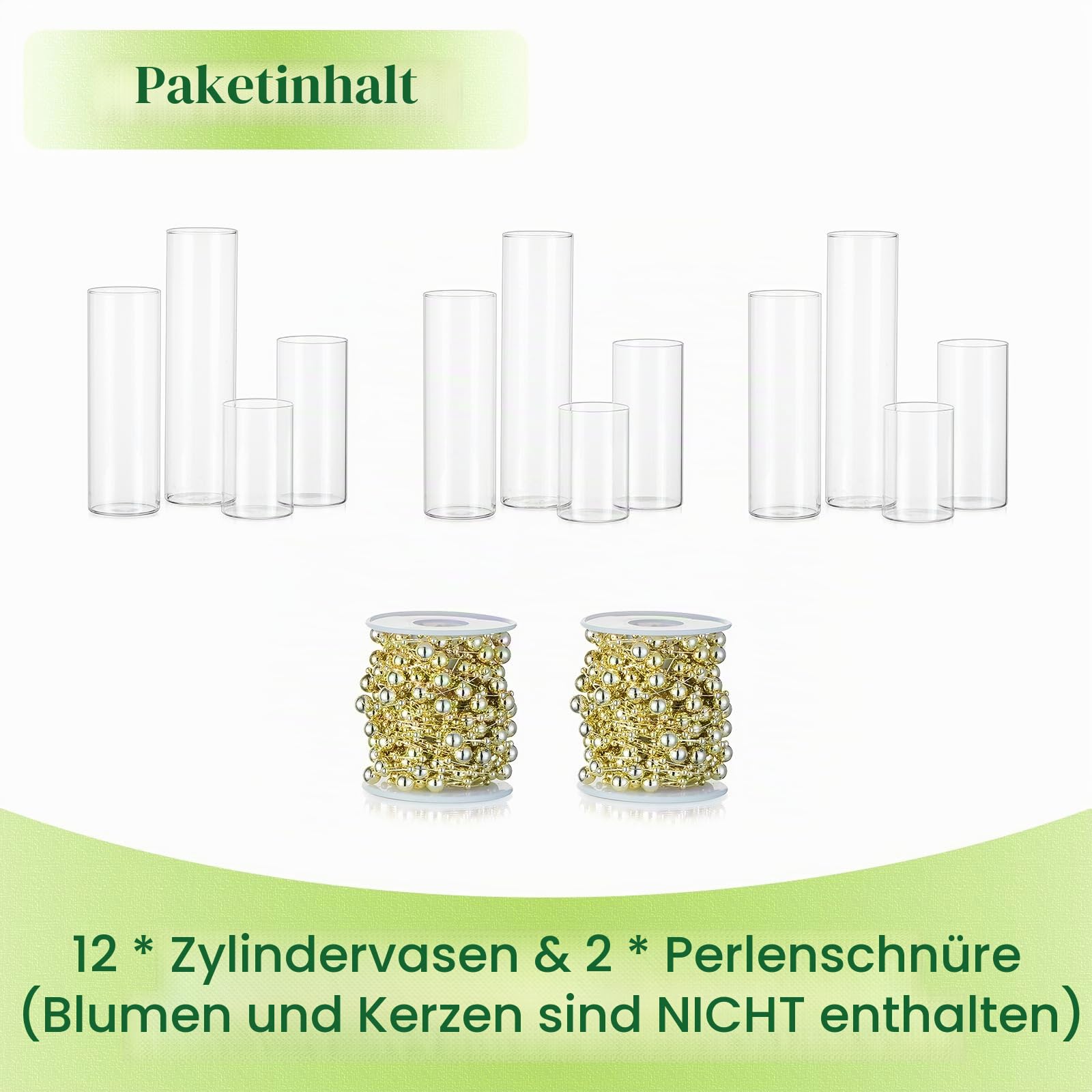 Hewory Glasvase Zylinder 12er Vasen Set Kerzengläser mit 2 Wasserperlen | Zylindervasen Set, Glaszylinder für Kerzen, Klar Vase Glas Windlicht Glas für Tischdeko Hochzeit, 10/15/20/25cm