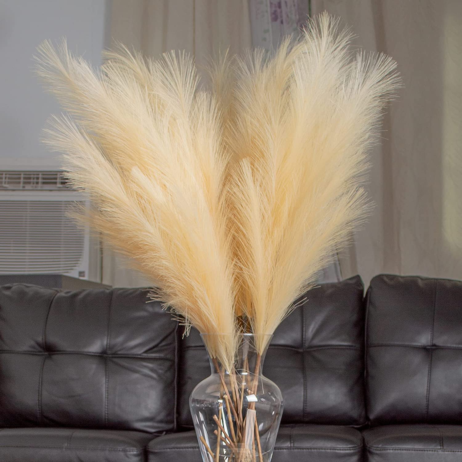 Fluffy & Tall Faux Pampas Grass 45"/3.6FT (Cream/Beige Color) 3 Long Stems No Shedding