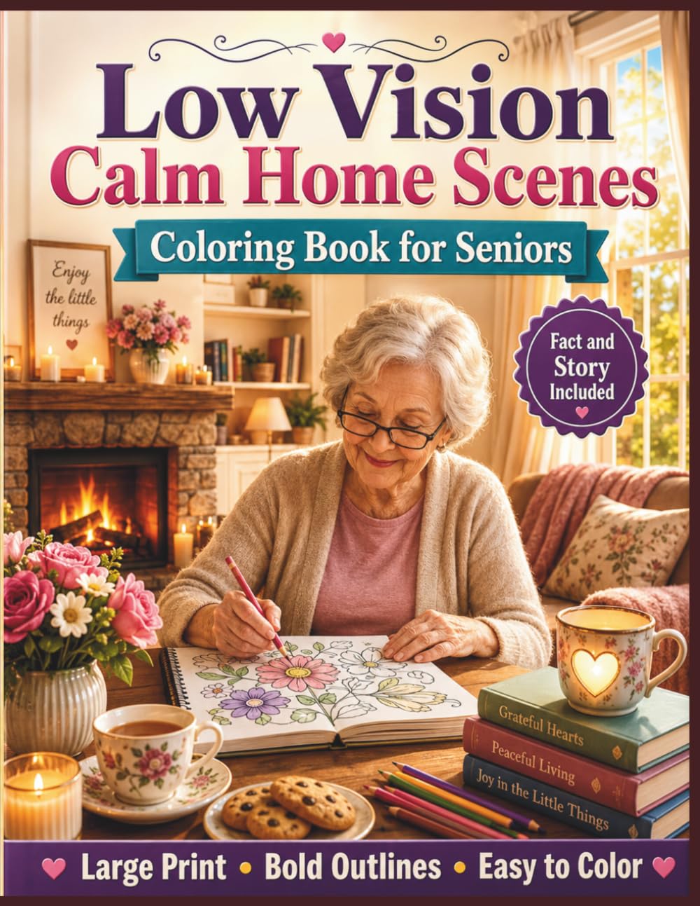 Low Vision Calm Home Scenes Coloring Book for Seniors: 50 Large Print, Bold and Easy Cozy Home Designs with High Contrast Lines for Relaxation, Comfort, and Stress Relief