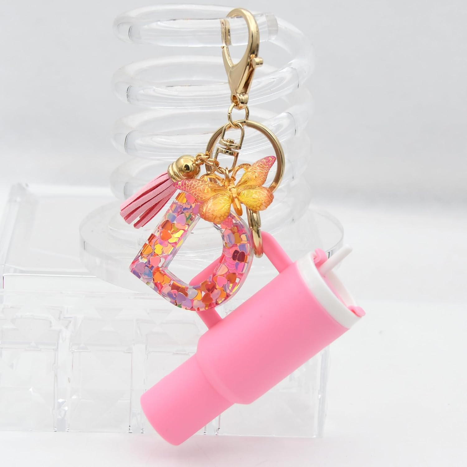 Mini Tumbler Keychain Cute Stanley Cup Charms For Backpack Initial Letter Fashion Tassel Butterfly Pendant Keychain For Women - Image 5