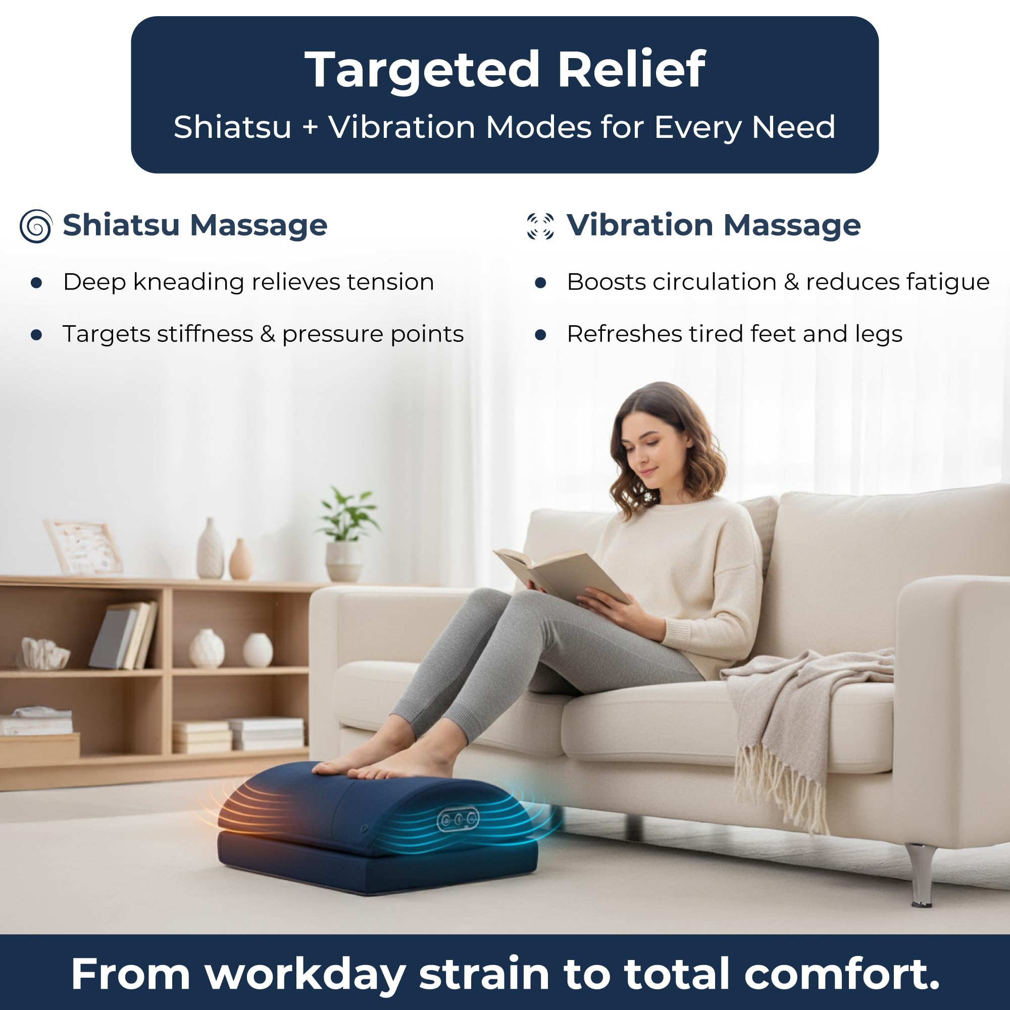 Serenova Reposapiés 2 en 1 con modos de masaje, recargable, shiatsu y vibración, azul marino
