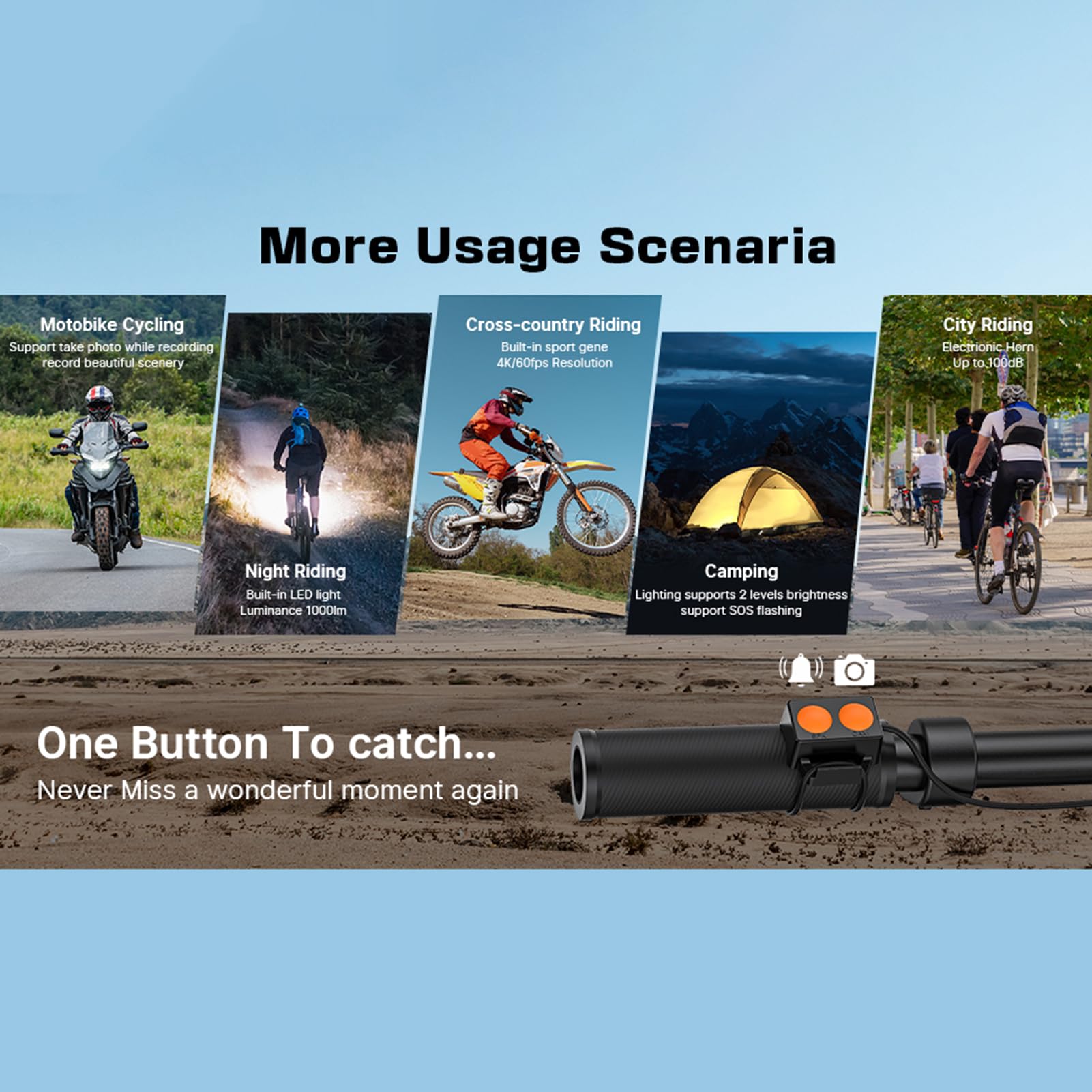 Macchina fotografica di ciclismo 4K con 60fps Video IPX5-2 IPS Schermo WiFi per il pendolarismo notturno