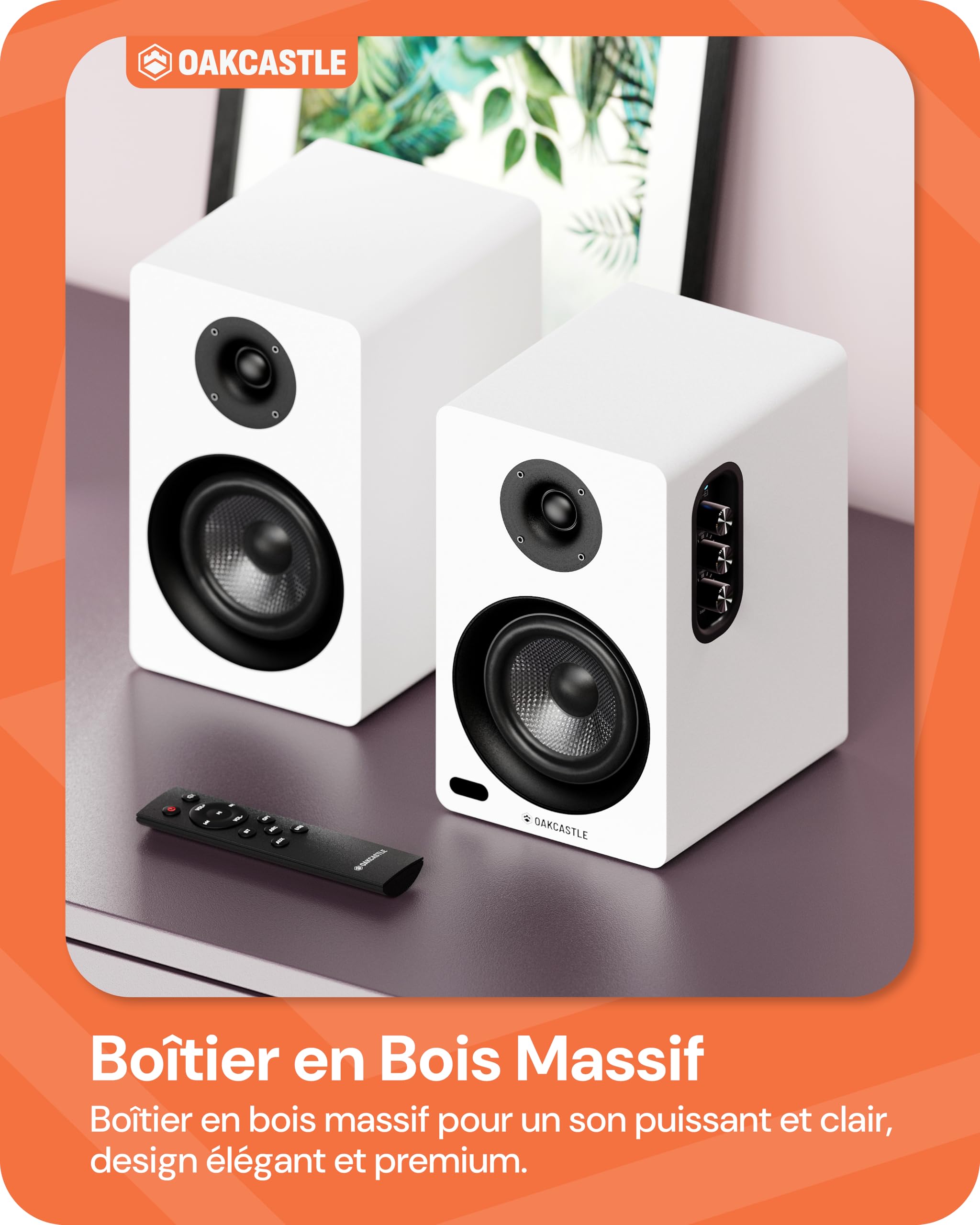 Oakcastle BK100 Enceinte Active Bluetooth 5.4 | 60W 2.0 Haut Parleur PC Gamer | Enceinte TV avec HDMI Arc | Enceintes pour Platine Vinyle | Enceintes Amplifiées HiFi avec Télécommande Incluse (Blanc)