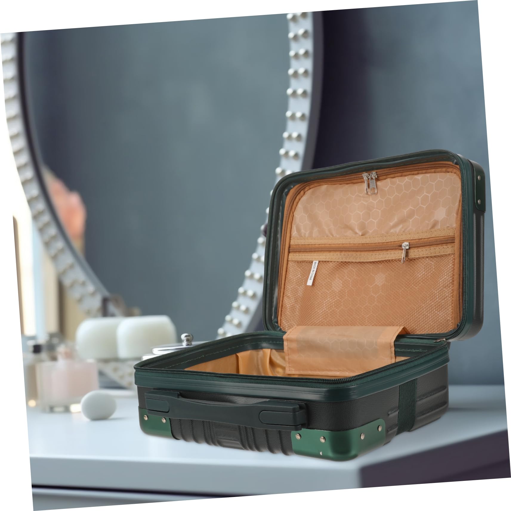 Kosmetikkoffer Tragbare Schmink Aufbewahrungsbox für Frauen 14-Zoll Reisekoffer aus Abs Grün mit Separater Aufbewahrung für Make Up Pinsel