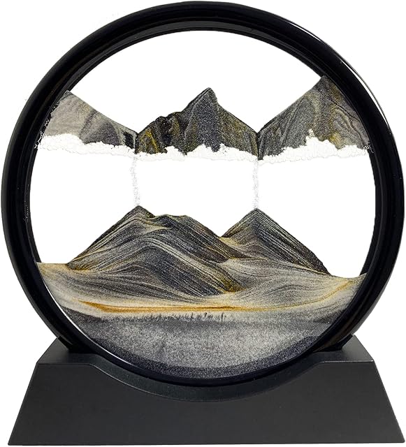 SANDCLE Moving Sand Art Picture - Sand Painting Liquid Motion Decor, 3D Deep Sea Sandscape, Round Glass Frame Display Flowing Sand Relaxing Decoration for Desktop Home Office Work (Black, 7")