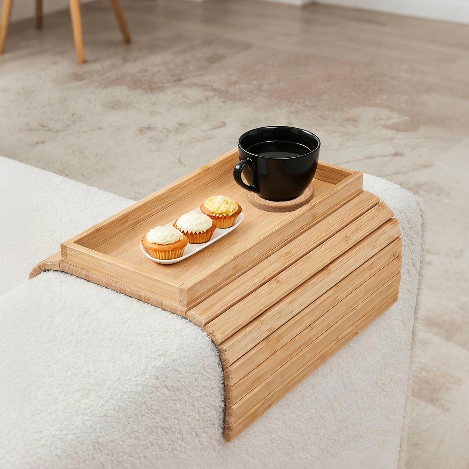 Vassoio per bracciolo in legno massiccio, tavolino salvaspazio per snack e bevande, scanalature antiscivolo, include 1 sottobicchiere in legno, organizer per bracciolo del divano