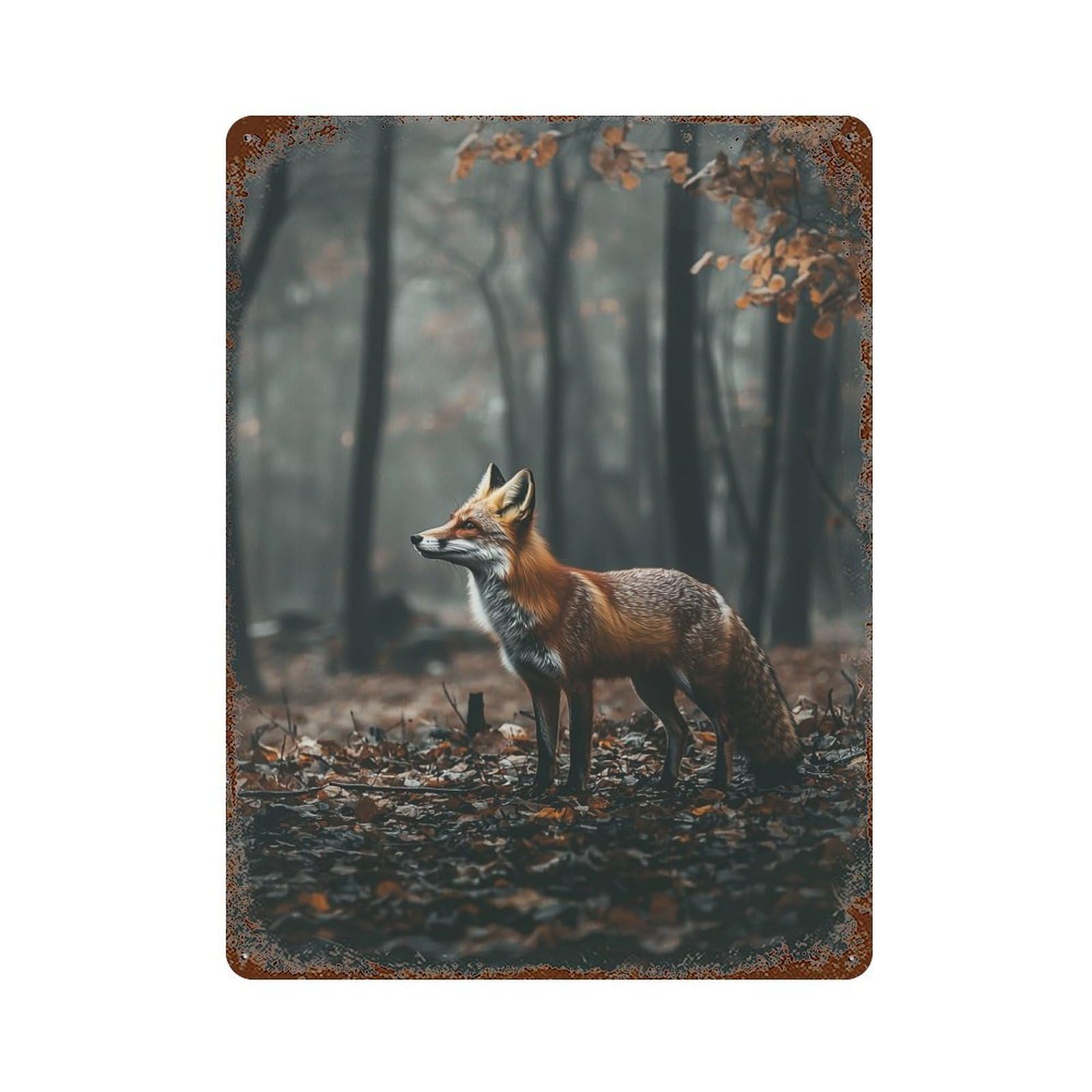 Rust Effect Red Fox in Forest Vintage Rust Metal Sign 15.7"x11.8", Vintage Wall Decor for Garage, Bar And Workshop Decor