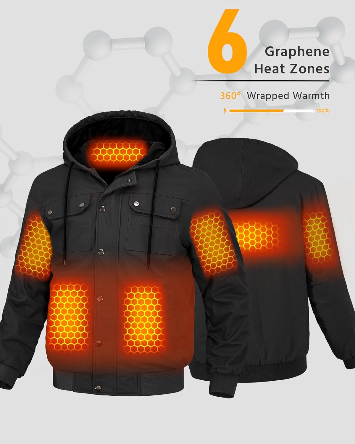 Wulcea Graphene Heated Jacket For Men 12V 18400mAh Fast Charge Large Capacity Battery - Image 4