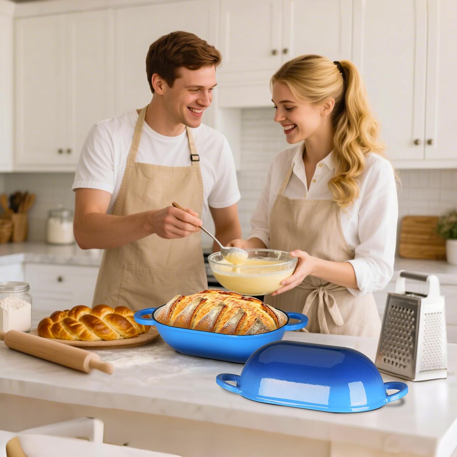 LIFERUN 2.5qt Enameled Cast Iron Dutch Oven for Sourdough Bread Baking, Oven Safe Dutch Oven Pot with Lid, Non-Stick Bread Oven Pot, Blue - Image 5