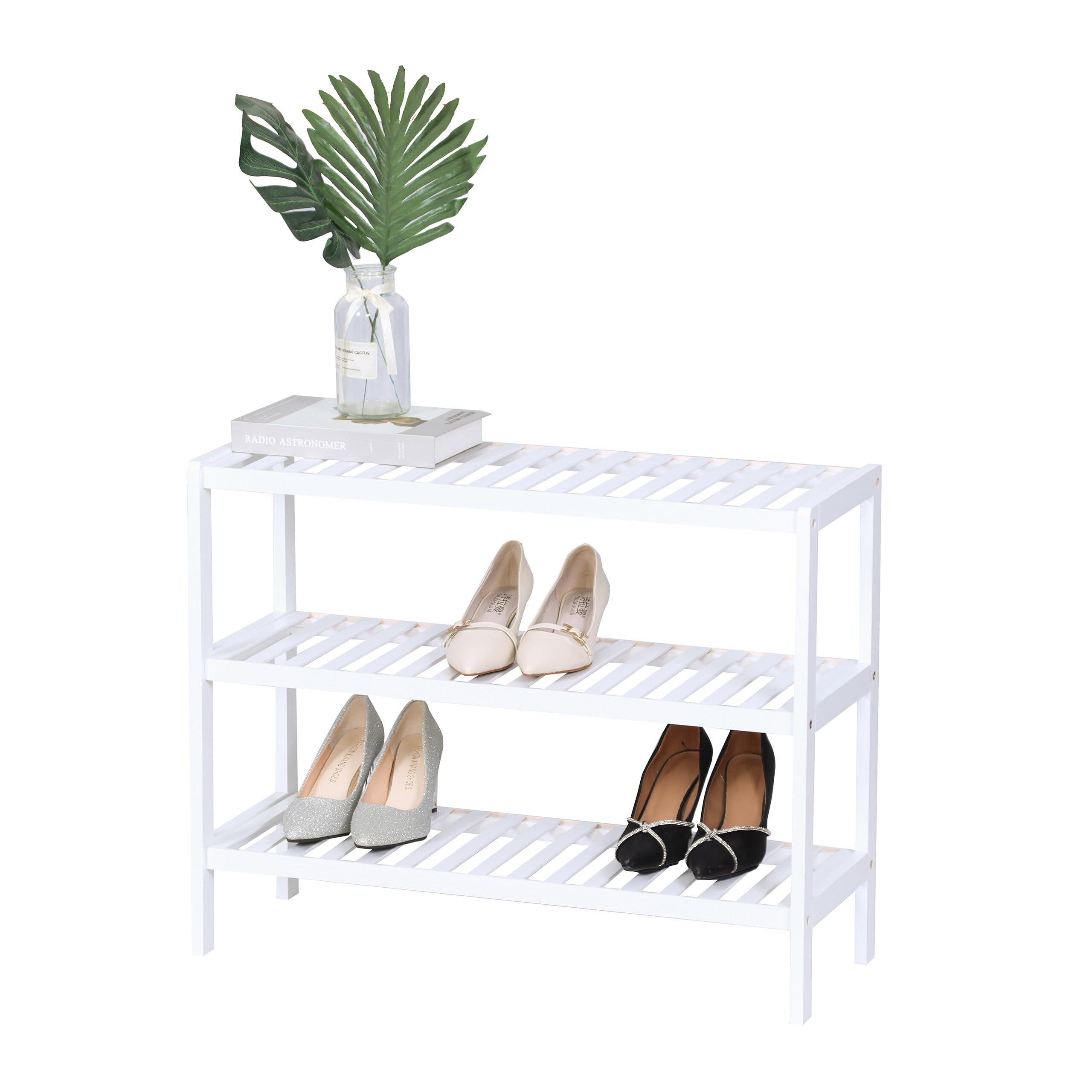Étagère à Chaussures Relaxdays, 3 Niveaux (9 Paires), H x L x P : 54,5 x 70 x 24,5 cm, tablettes ajourées, Bambou, Blanc