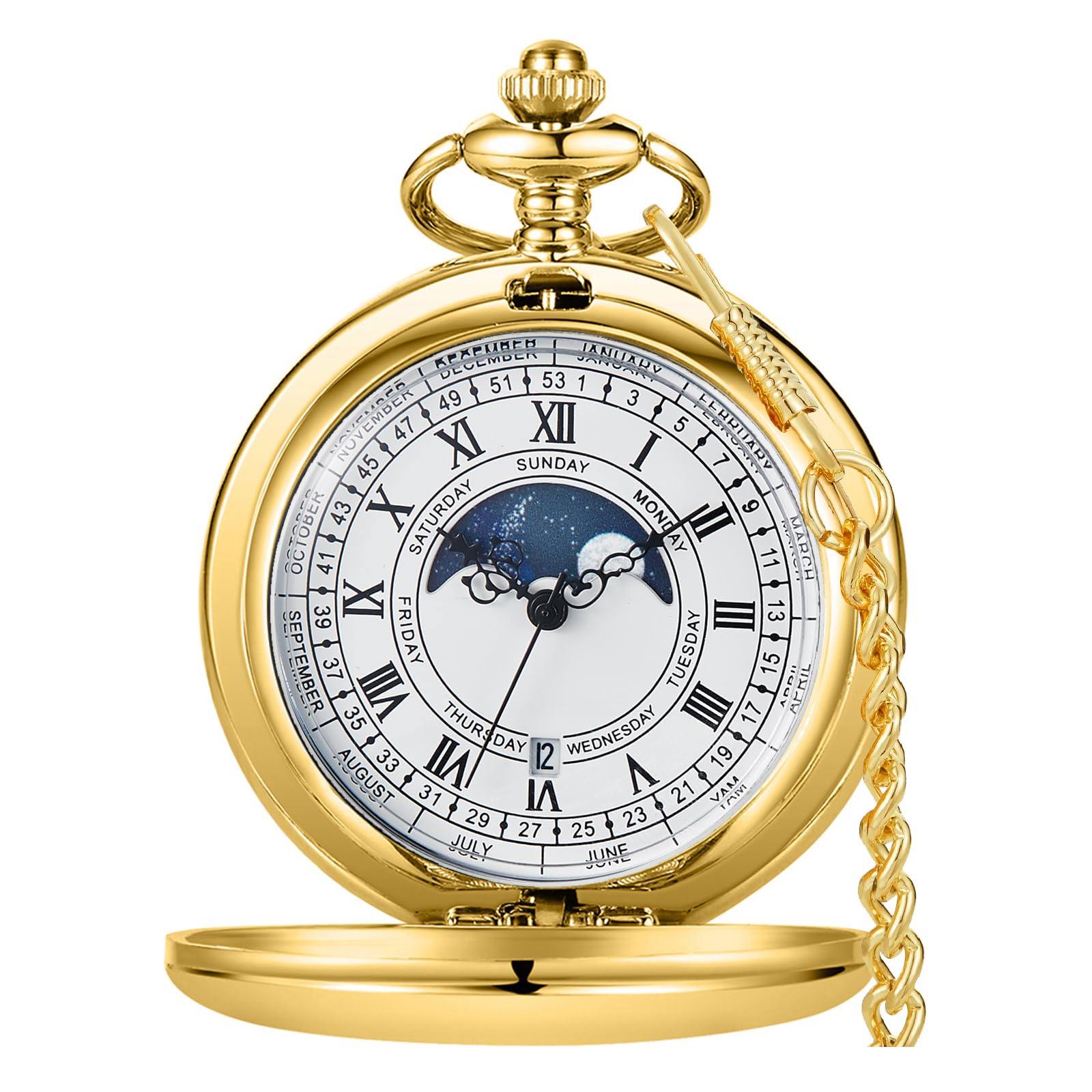 Tiong Vintage Taschenuhr mit Kette Römische Ziffern Skala Einzigartige Quarz mit Kalender Taschenuhren Geburtstag Geschenke Vatertag