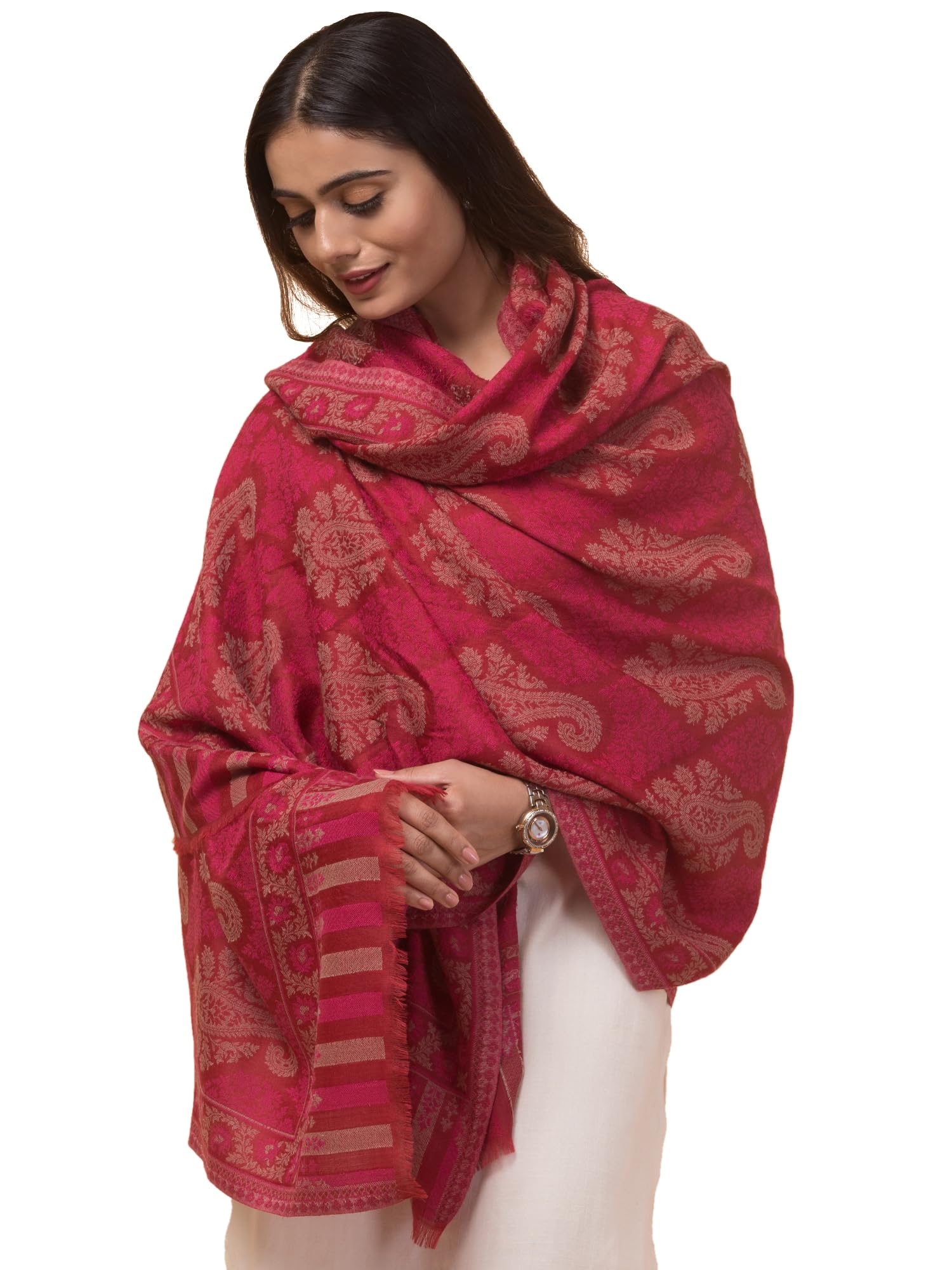 tweedle Women’s Fine Wool Beige Plain kani Border Shawl, Soft and Light Pashmina Feel Scarf for Winters (40 x 80 Inches)-picture-14